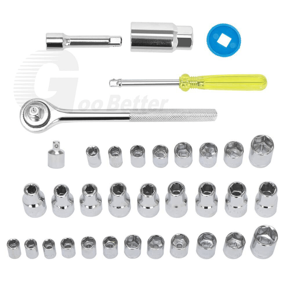 40x Professional 1/4"&3/8" Socket Wrench Tool Kit Metric Imperial Ratchet Bolts - HomeDIYer