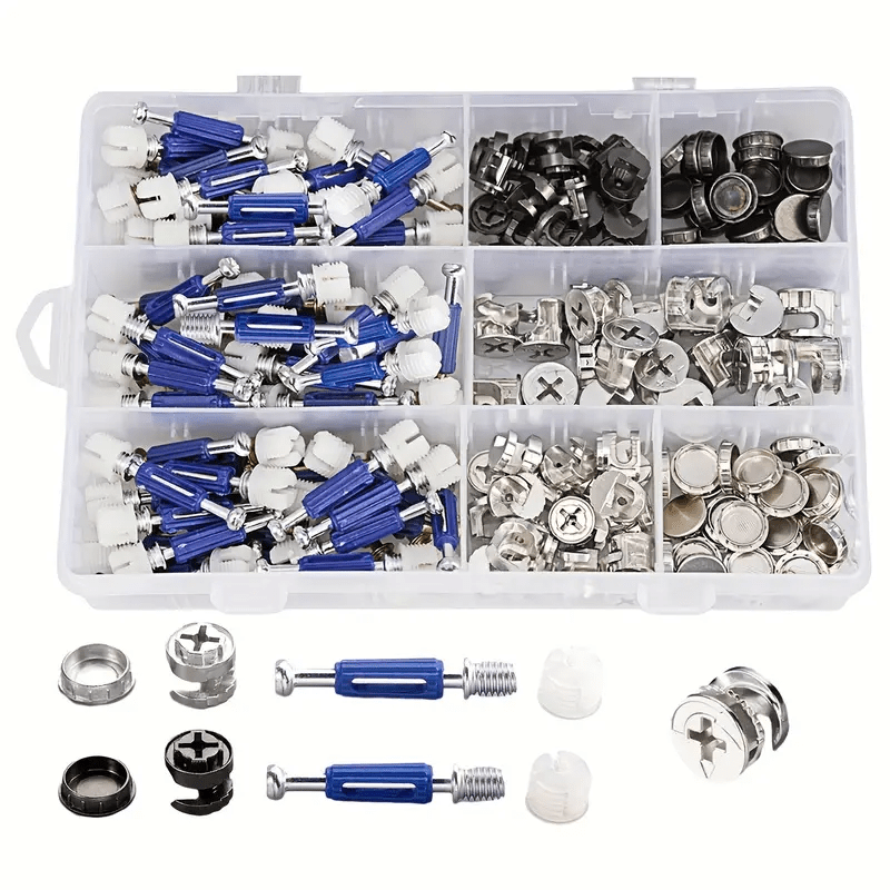 220 - Pack 3 - in - 1 Cam Fittings Furniture Assembly Kit with Dowel, Pre - Inserted Nut, 40mm Rod, Blue, and Multi - Size Repair Spare Parts Nut & Bolt Assortment Sets for Easy Install of Cabinets, Wardrobes Panels & More - HomeDIYer