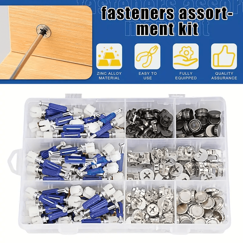 220 - Pack 3 - in - 1 Cam Fittings Furniture Assembly Kit with Dowel, Pre - Inserted Nut, 40mm Rod, Blue, and Multi - Size Repair Spare Parts Nut & Bolt Assortment Sets for Easy Install of Cabinets, Wardrobes Panels & More - HomeDIYer