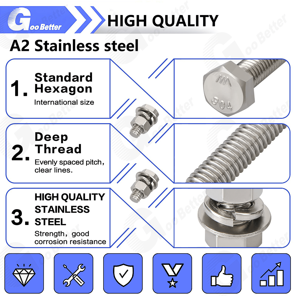 64Pcs 1/4'' - 20 Hex Head Bolts And Nut & Washer Assortment Kit 304 Stainless Steel - HomeDIYer