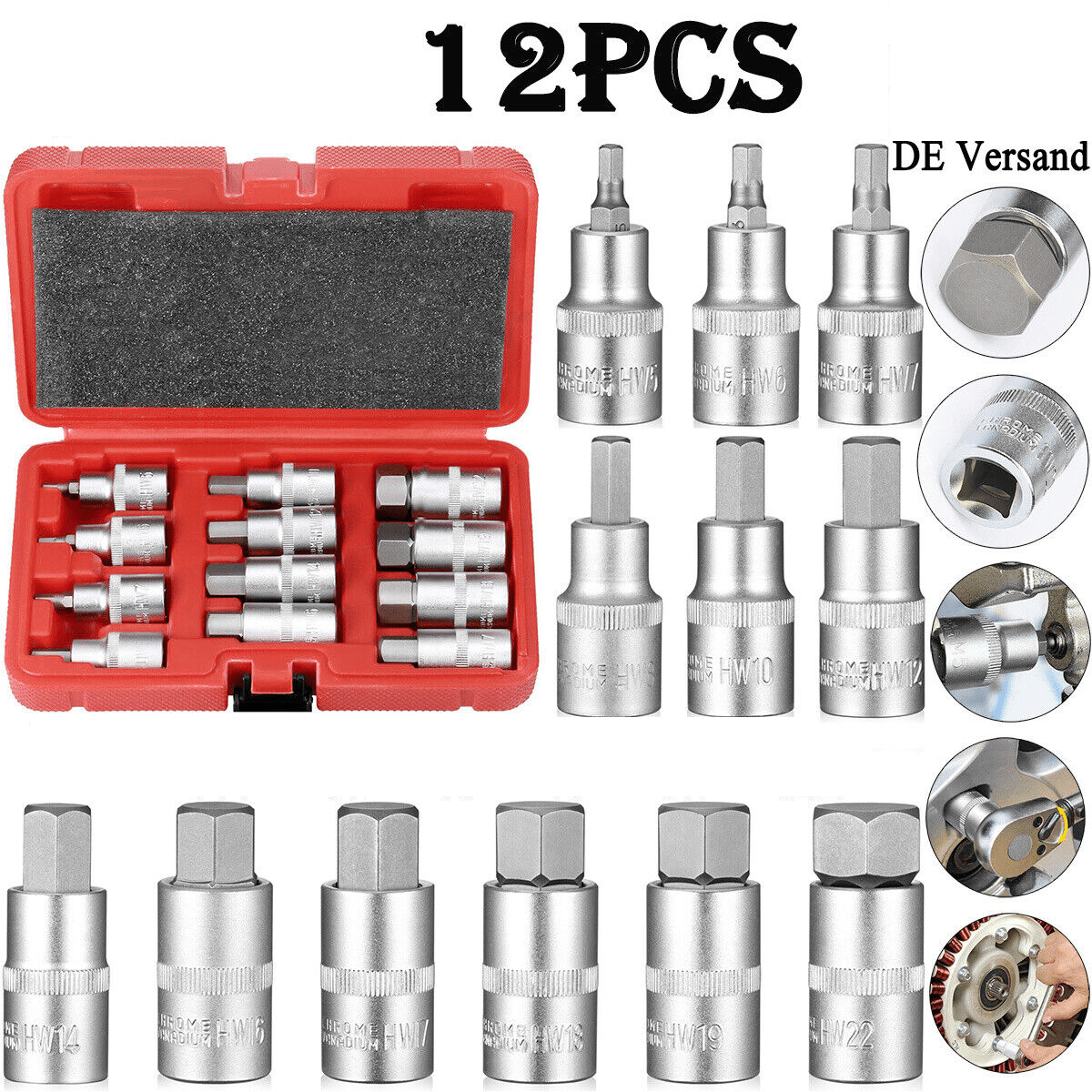 12Pcs 1/2 inch Drive Impact Hex Bit Socket Set H5 H6 H7 H8 H10 H12 H14 H16 H17 H18 H19 H22 Hex Key Sockets Set Hand - HomeDIYer
