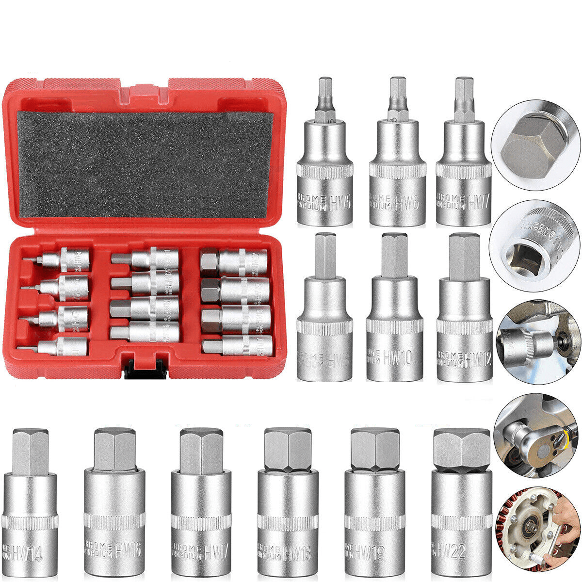 12Pcs 1/2 inch Drive Impact Hex Bit Socket Set H5 H6 H7 H8 H10 H12 H14 H16 H17 H18 H19 H22 Hex Key Sockets Set Hand - HomeDIYer
