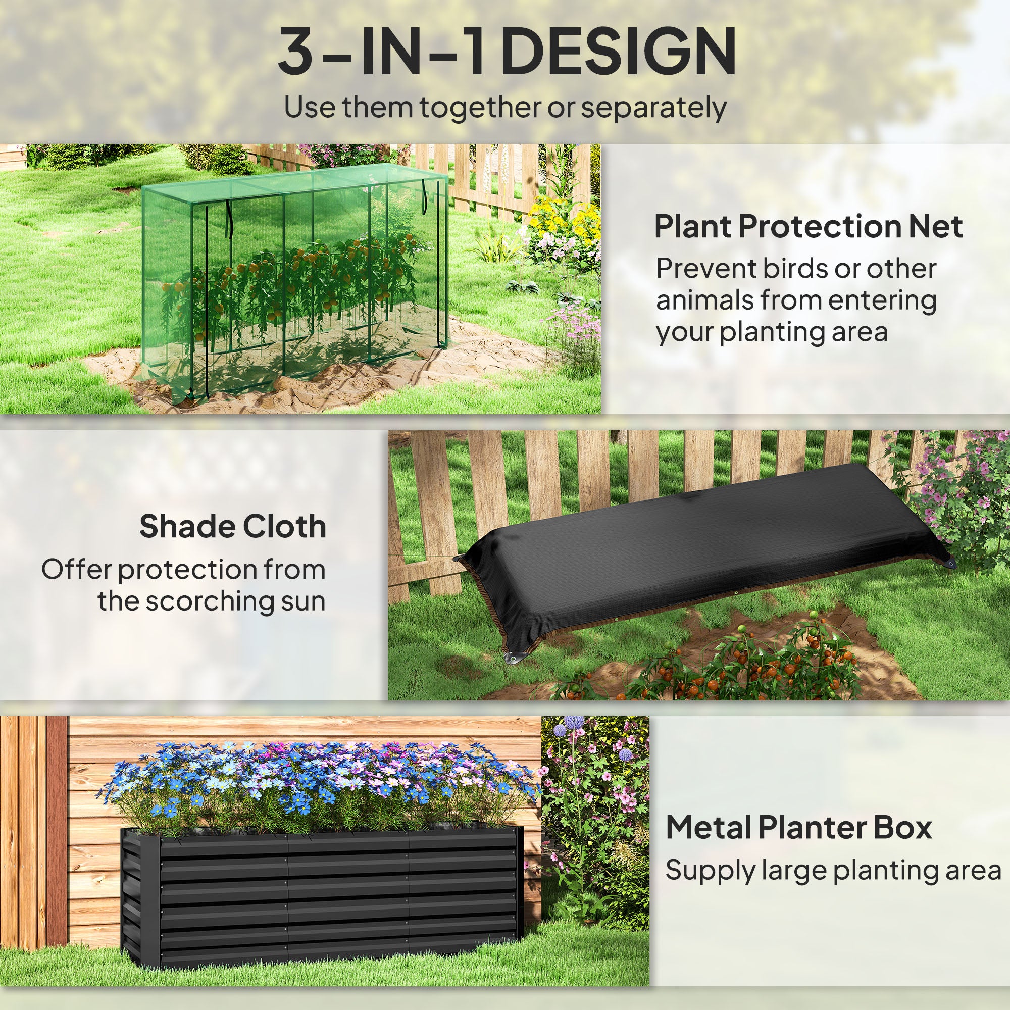 Raised Garden Bed,Galvanized Steel Planter Box with Crop Cage and Shade Cloth,for Flowers, Veggies and Herbs