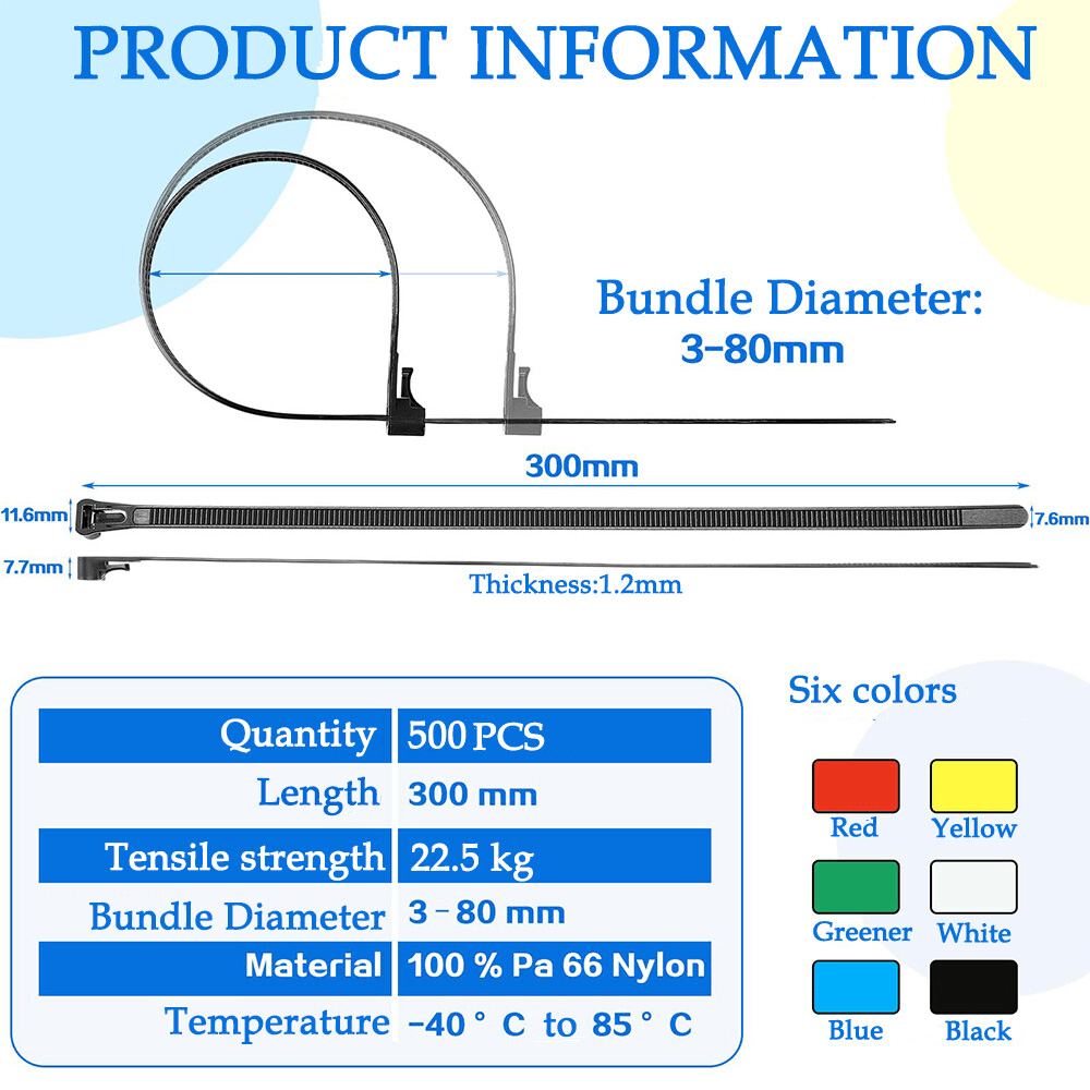 Coloured Cable Ties Detachable And Reusable Nylon Zip Ties Length 150mm To 450mm - HomeDIYer