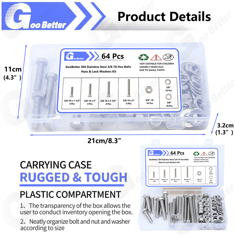 64Pcs 1/4'' - 20 Hex Head Bolts And Nut & Washer Assortment Kit 304 Stainless Steel - HomeDIYer