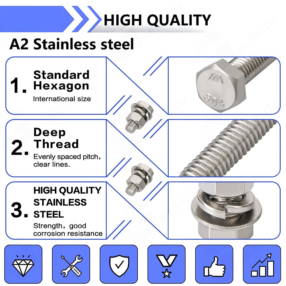 192Pcs 1/4'' - 20 Hex Head Bolts And Nut & Washer Assortment Kit A2 Stainless Steel - HomeDIYer