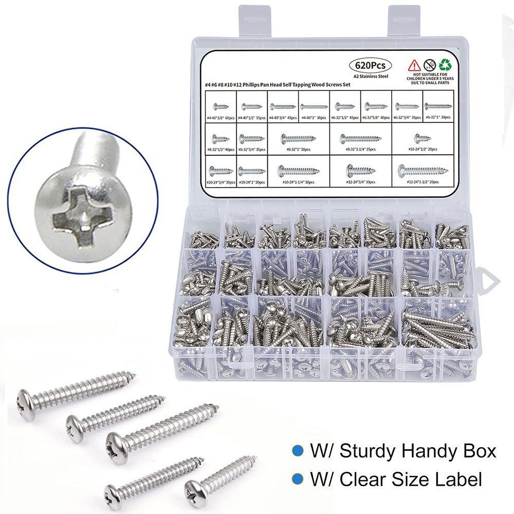 620Pcs Stainless Steel Pan Head Tapping Self Wood Screws Assortment Set - HomeDIYer