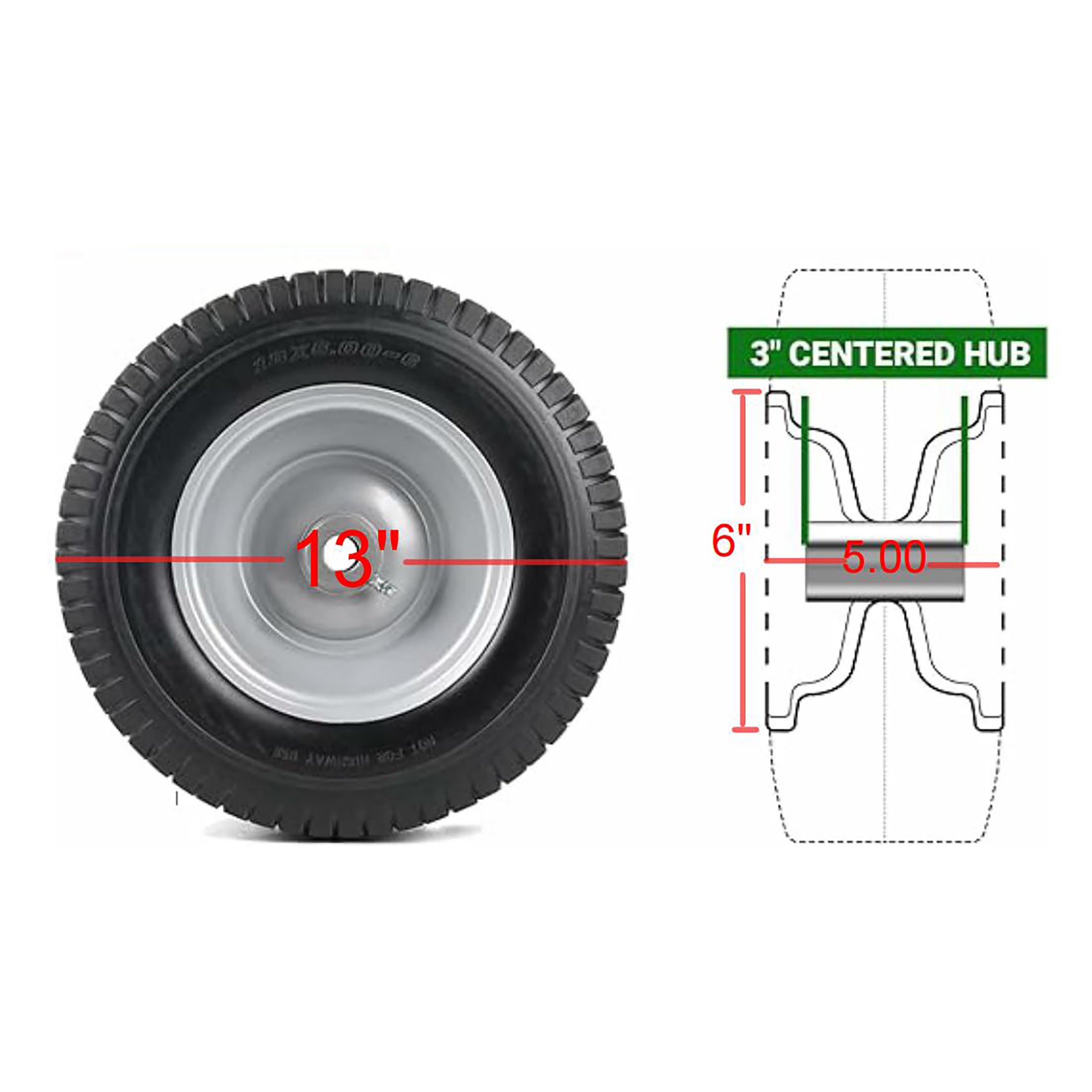 (4-Pack) 13x5.00-6 Flat Free Tire and Wheel Assemblies – Solid Rubber, 3" Centered Hub, 3/4" Bushings, 440 lb Capacity