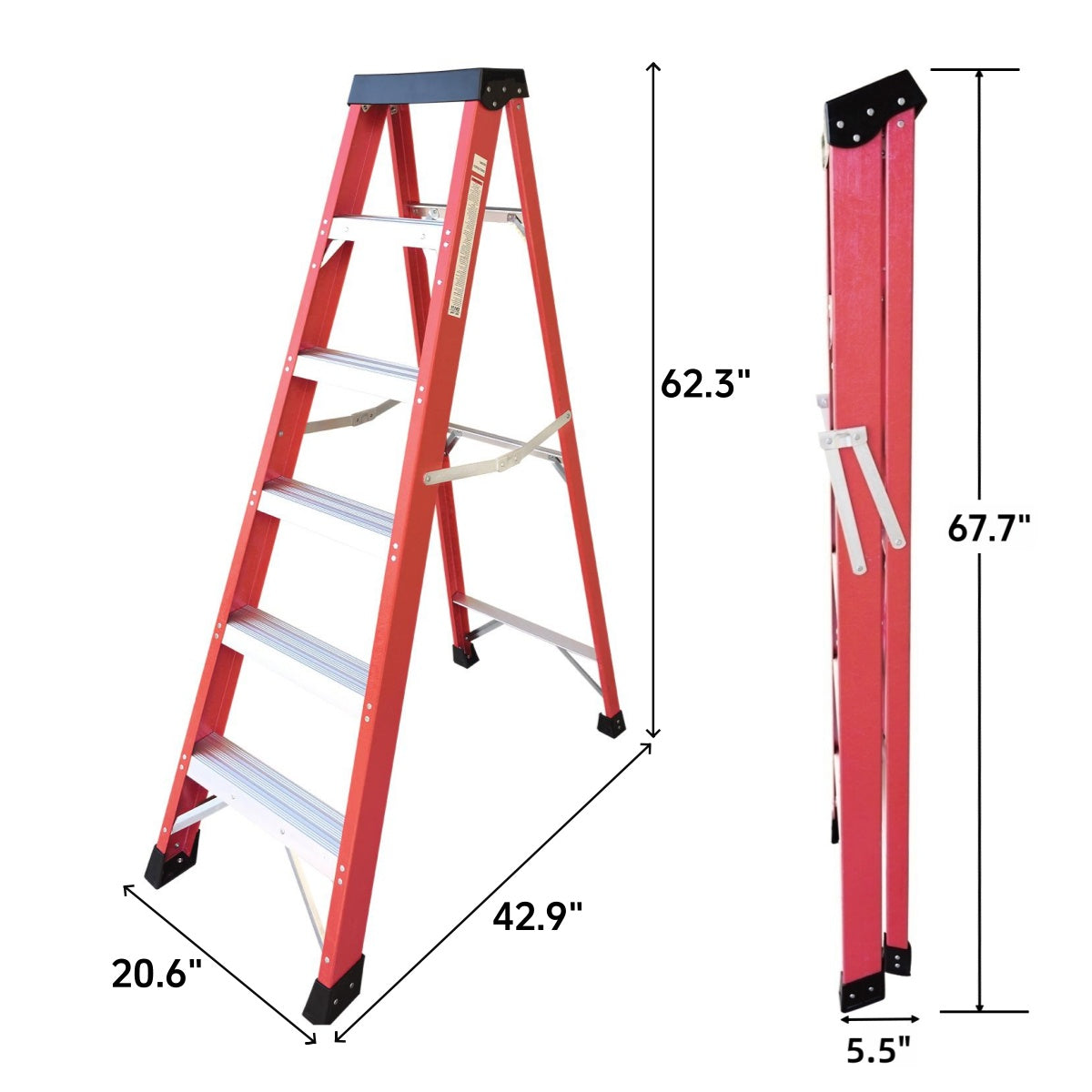 Fiberglass Step Ladder — 330 lb Capacity, Non‑Conductive, Safety Red, 11" Step Spacing