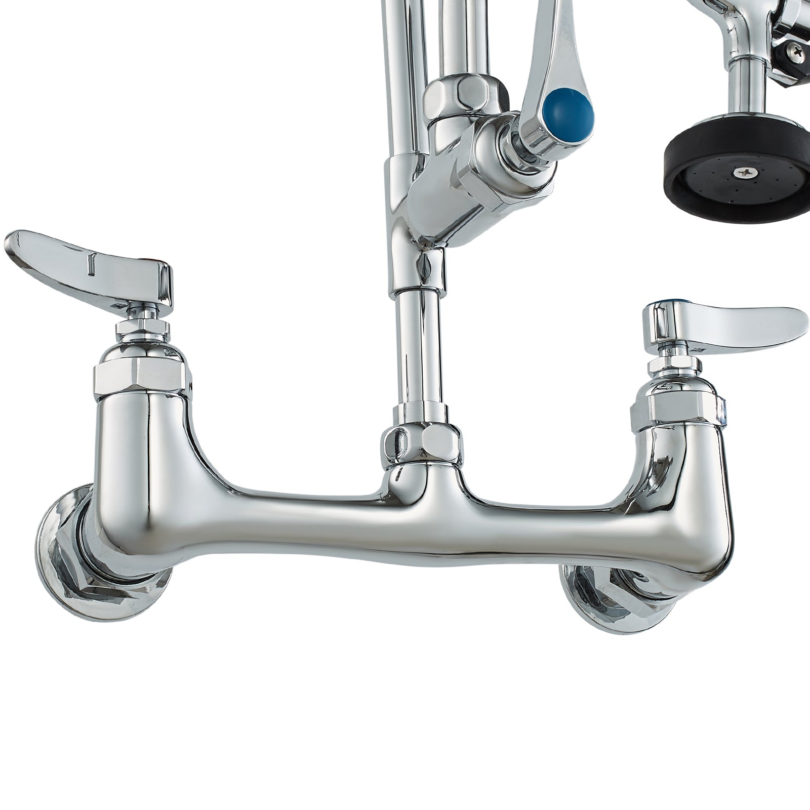 Commercial Faucet with Pre-Rinse Sprayer, 47" Height, 8" Center, 12" Swing Spout, Wall Mount Kitchen Sink Faucet, Brass Constructed Device with Pull Down Spray, for 1/2/3 Compartment Sink