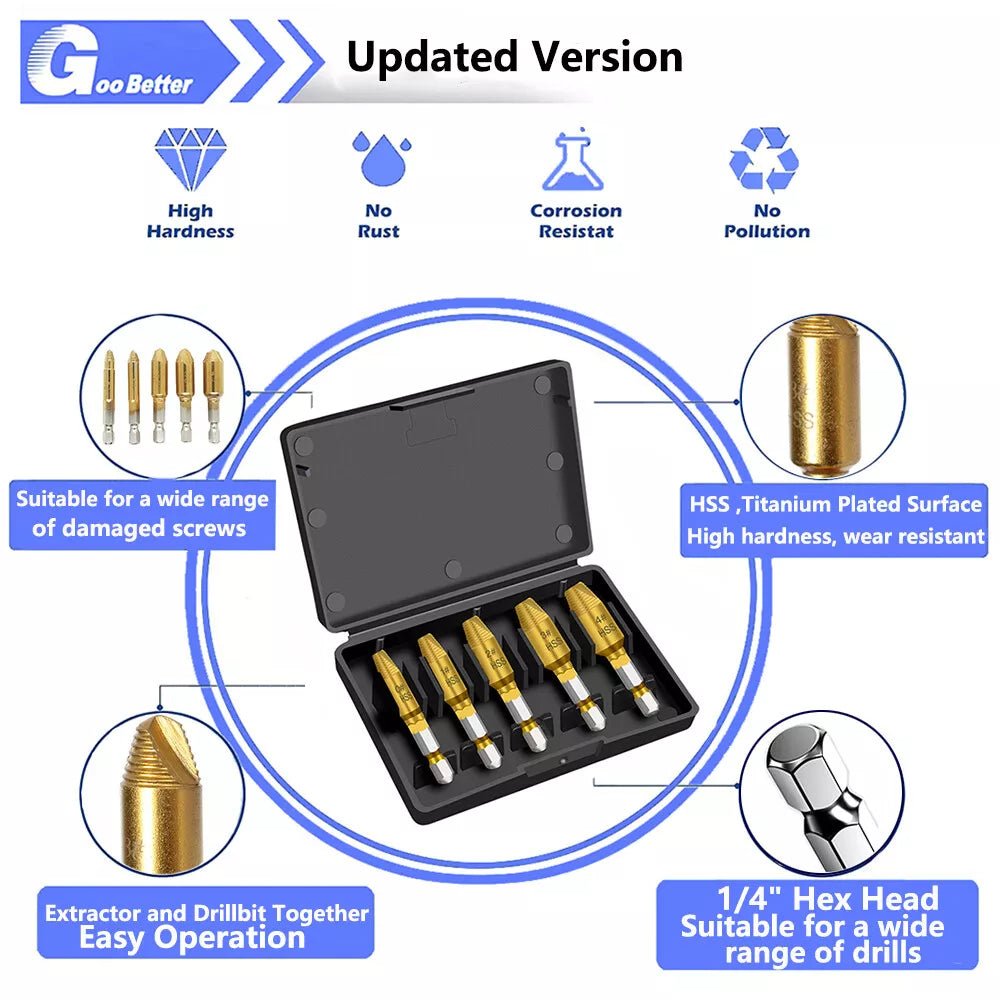 5PCS Damaged / Stripped Screw Extractor Set Bolt Broken Remover Tool Drill Bits - HomeDIYer