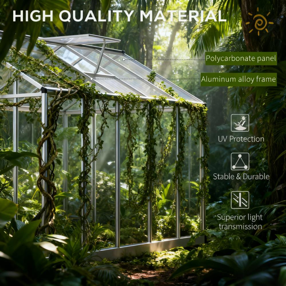 10ft x 6ft Heavy‑Duty Aluminum Walk‑In Greenhouse — Polycarbonate Panels Roof Vent & Rain Gutters Silver