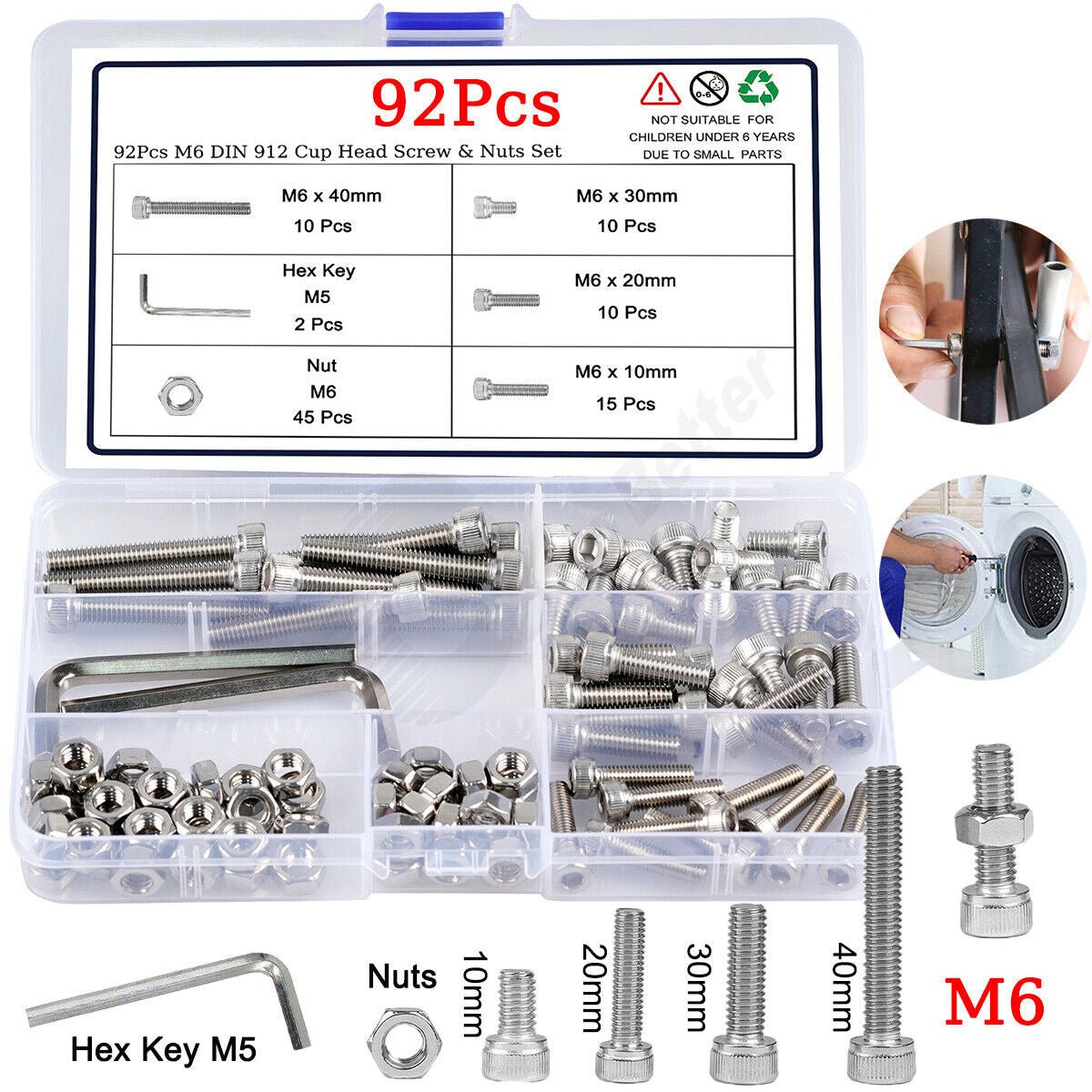92Pcs M6 Hexagon Socket Cup Head Hex Screw & Nuts Stainless Steel Assortment Set - HomeDIYer