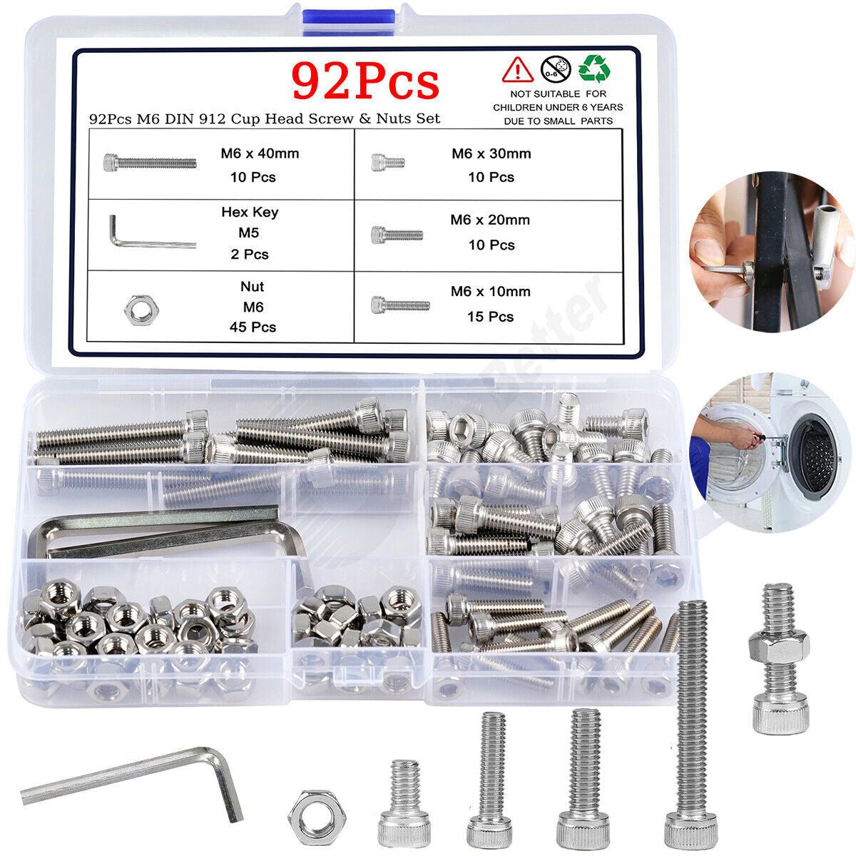 92Pcs M6 Hexagon Socket Cup Head Hex Screw & Nuts Stainless Steel Assortment Set - HomeDIYer