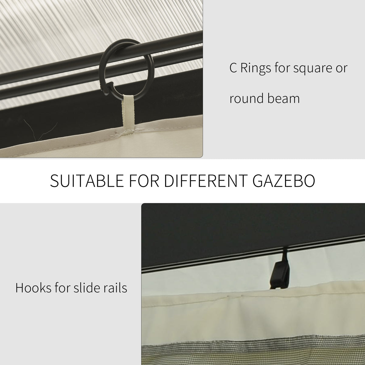 Gazebo Sidewall Curtain Set 10x10 ft, 4-Panel Polyester Replacement Curtains with Hooks & C-Rings for Pergola & Cabana, Beige