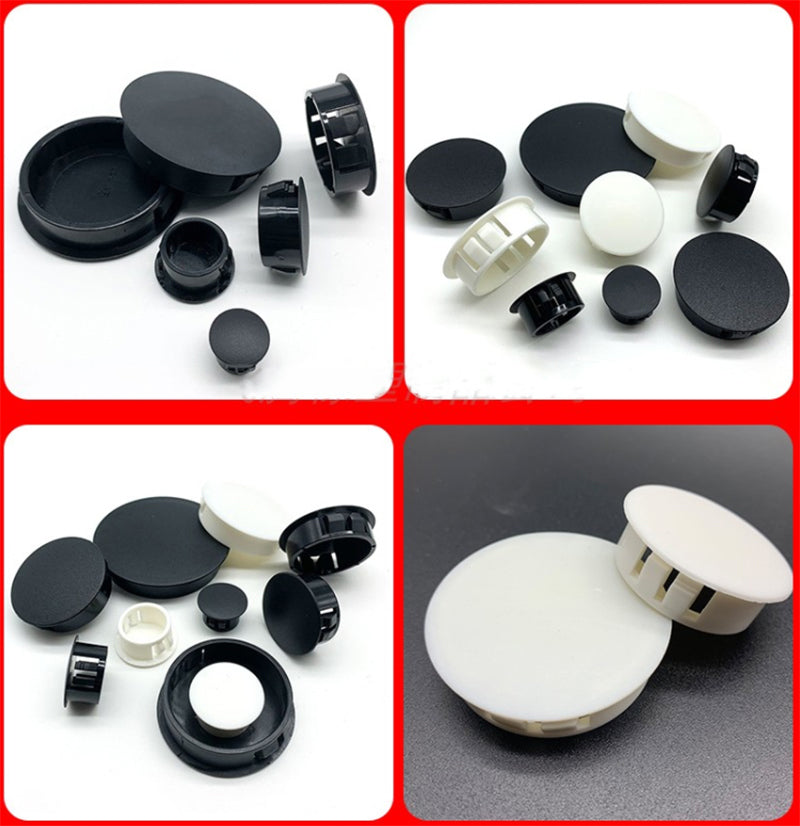 White plastic end cap installed on display shelf tubing