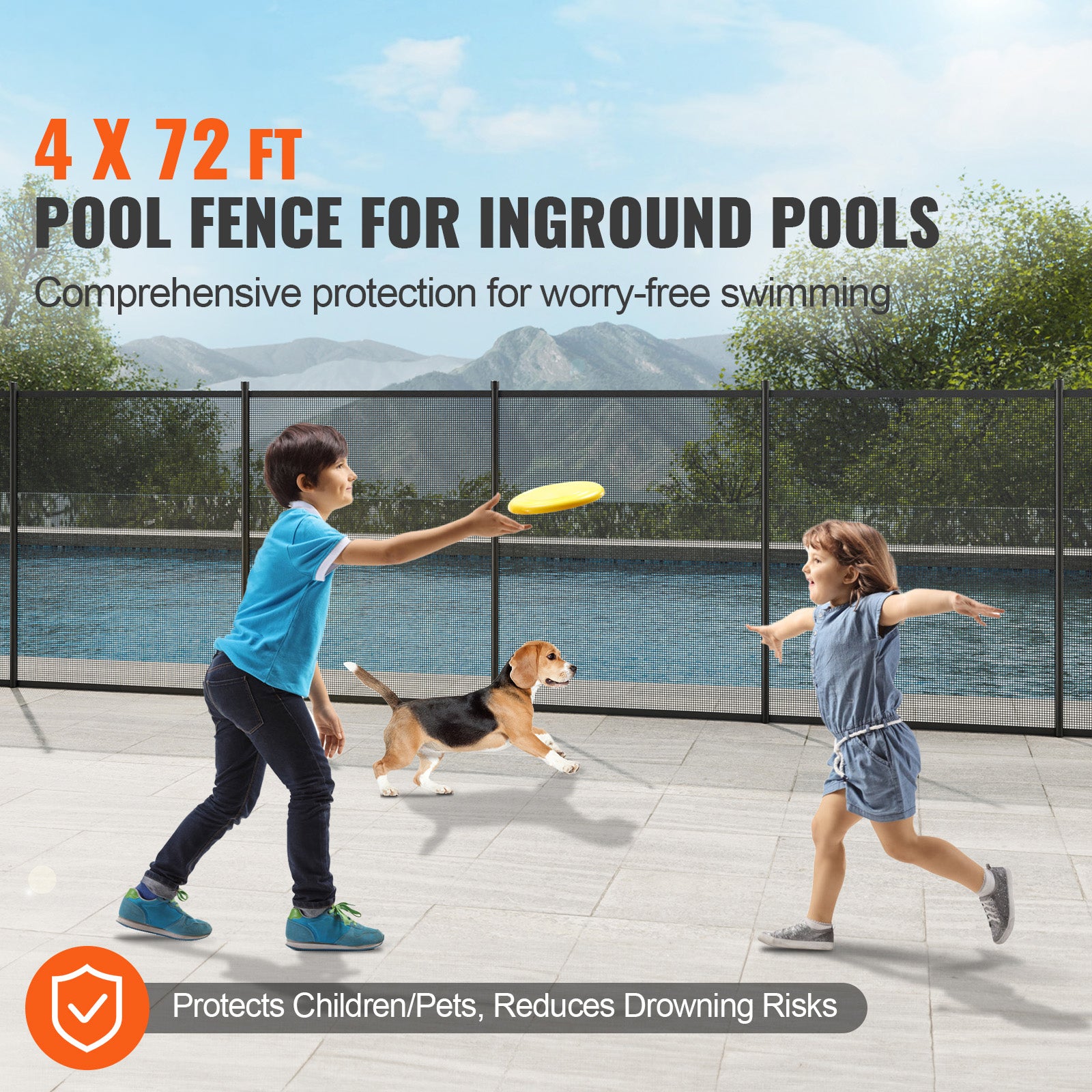 4ft x 72ft Removable Pool Safety Fence — DIY Child & Pet Protection Mesh for Inground Pools Black