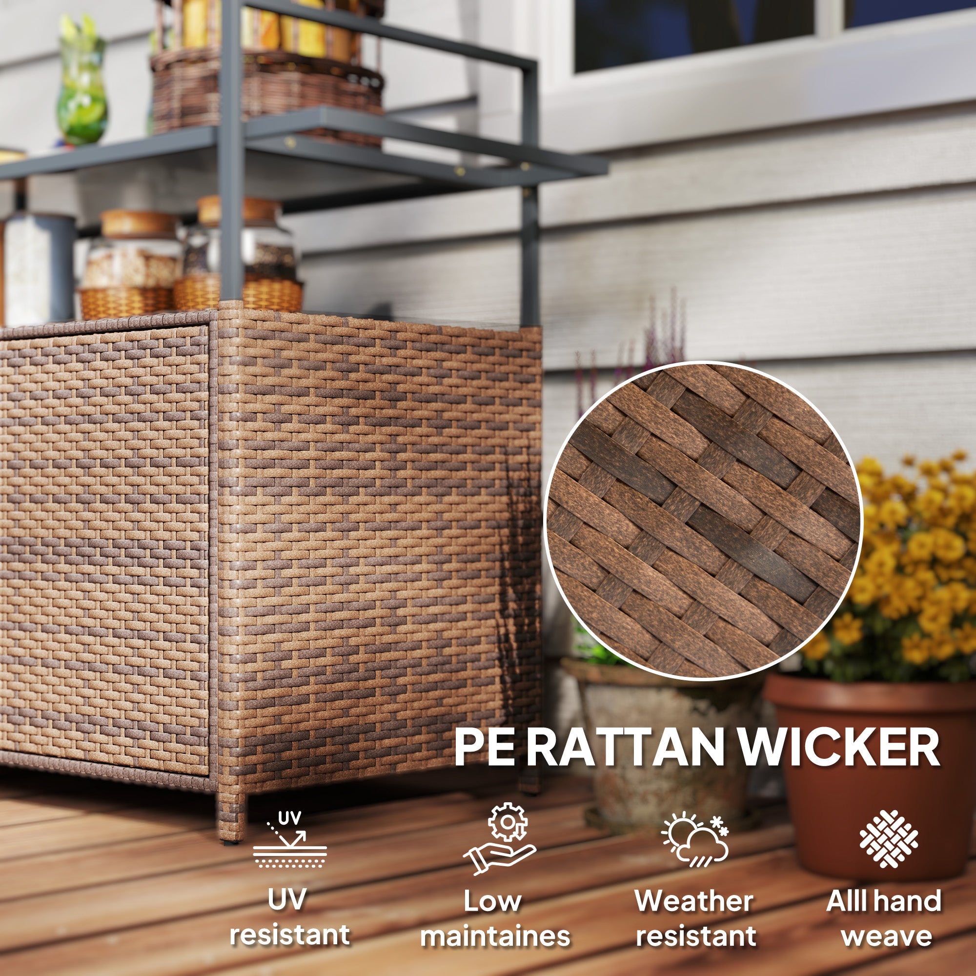 Outsunny 2-Tier Shelf PE Rattan Outdoor Bar Table, Glass Top Outdoor Serving Cart with Cabinet, Mixed Brown