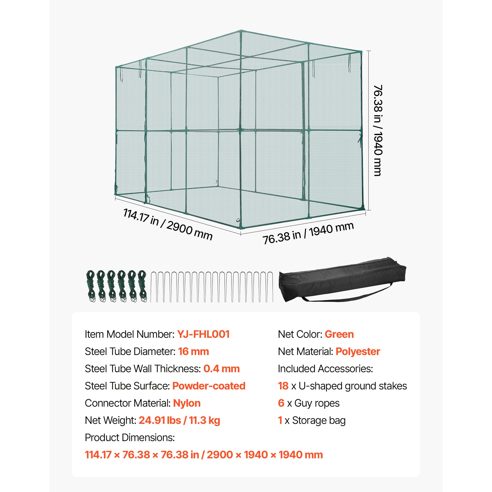 9.5ft x 6.36ft x 6.36ft Walk‑In Crop Cage — Tall Plant Protection Tent Zippered Door & Wind‑Resistant Frame Black Green