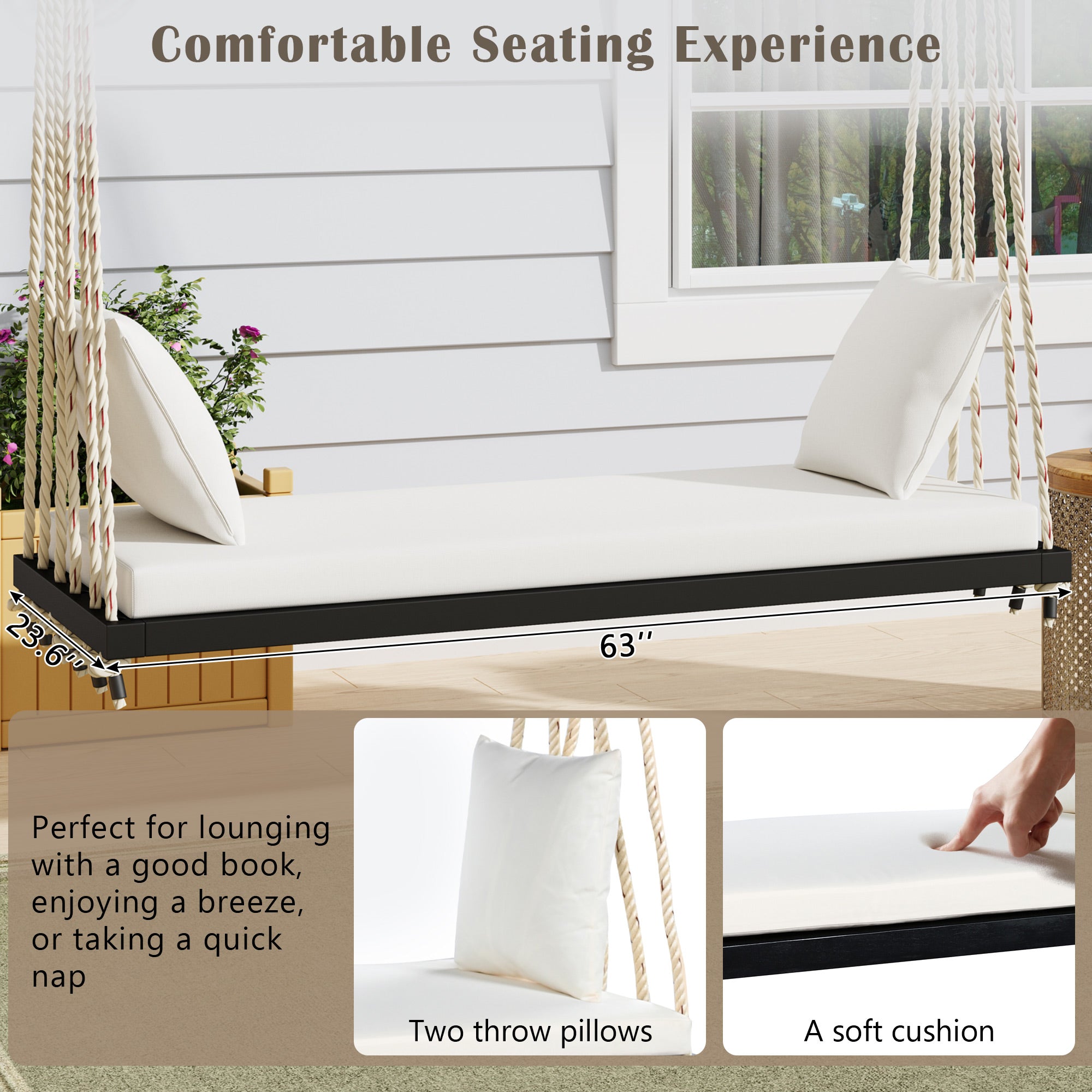 TOPMAX Patio Wooden Swing Chair, Hanging Porch Swing Bench with Cushion&Pillows, 10.8Ft Hemp Ropes for Garden,Backyard, Lawn,Black