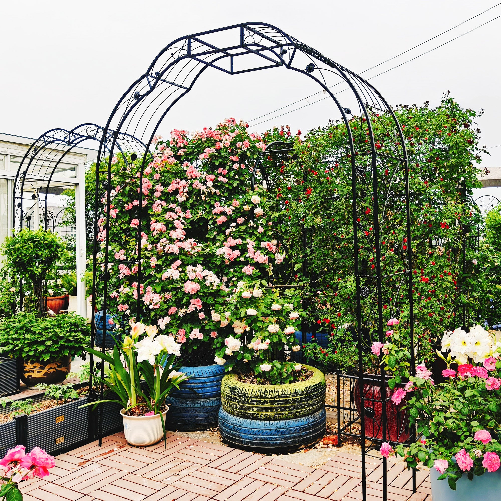 Metal Garden Arch W74.4'' x H98.4'' Garden Arbor Trellis Climbing Plants Support Rose Arch Outdoor Arch Black