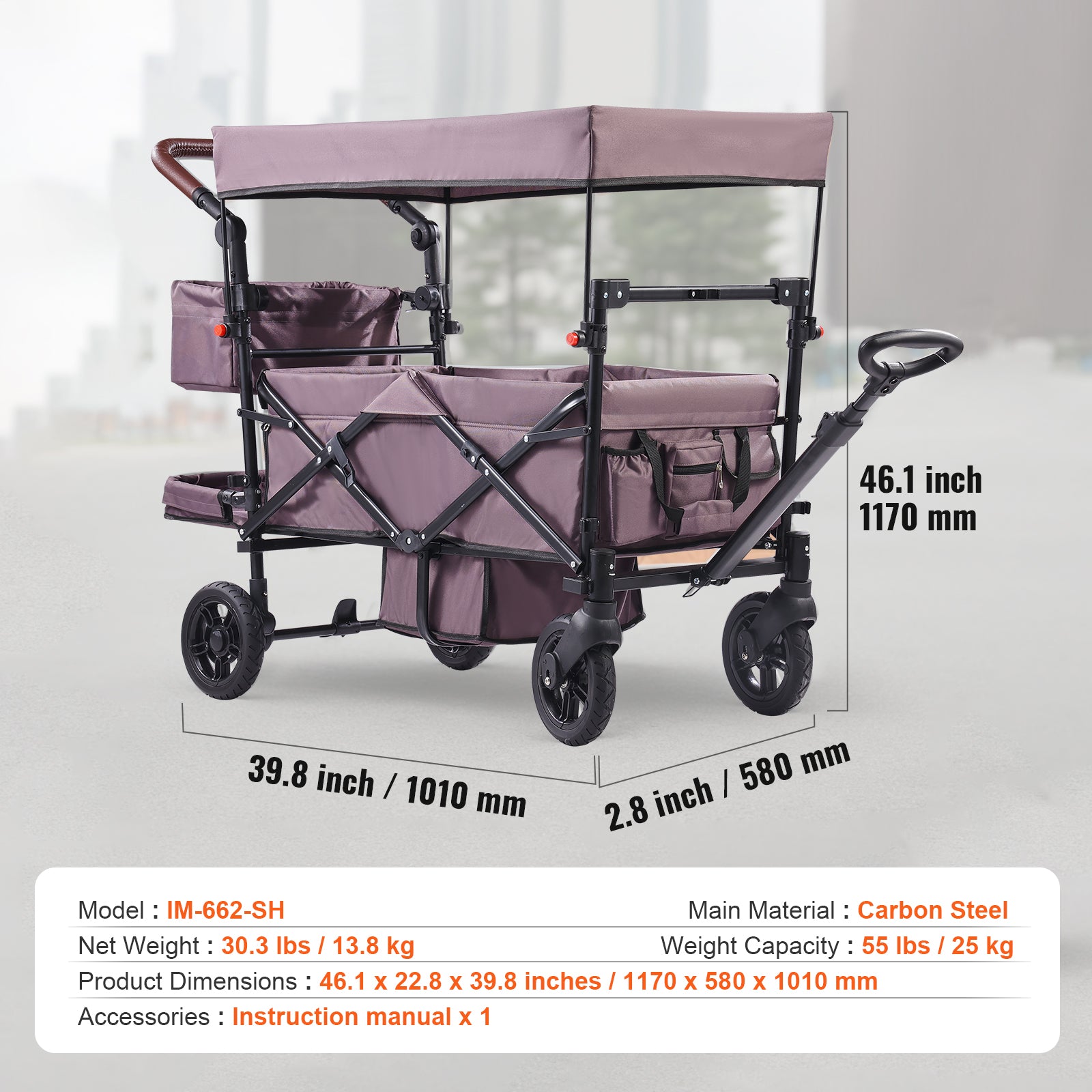 Wagon Stroller for 2 Kids, Push Pull Quad Collapsible Stroller with Adjustable Handle, Encircling Harness Removable Canopy,4 Wheels w/ Brakes,Mutifunction Tandem Stroller for Camping Dark Purple