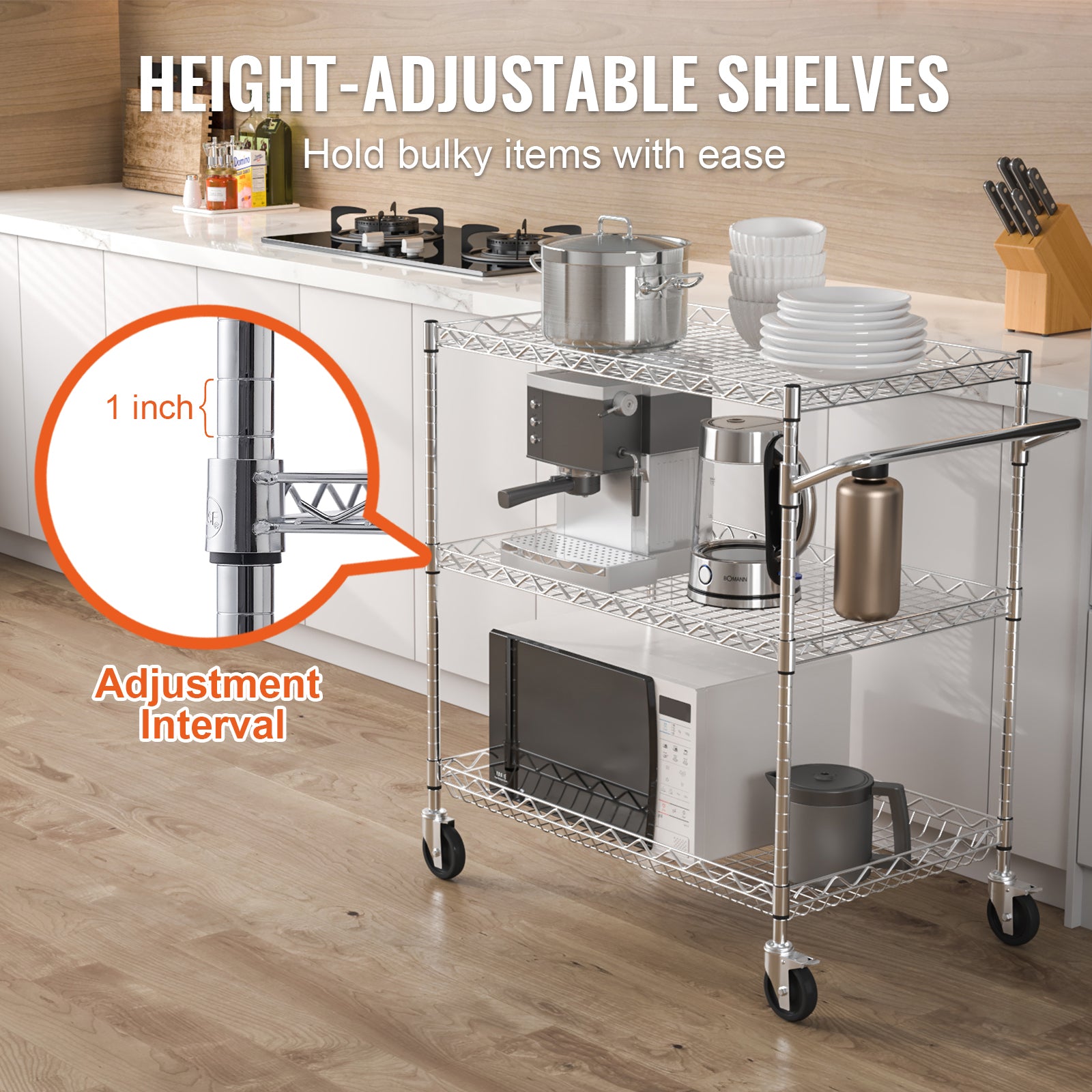 3-Tier Utility Cart Rolling Cart on Wheels 30"x18"x32.4" 661 LBS 6 Hooks