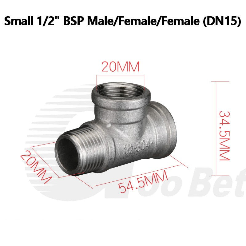304 Stainless Steel BSP Tee Pipe Fitting — Male & Female Thread, 1/2" to 2"