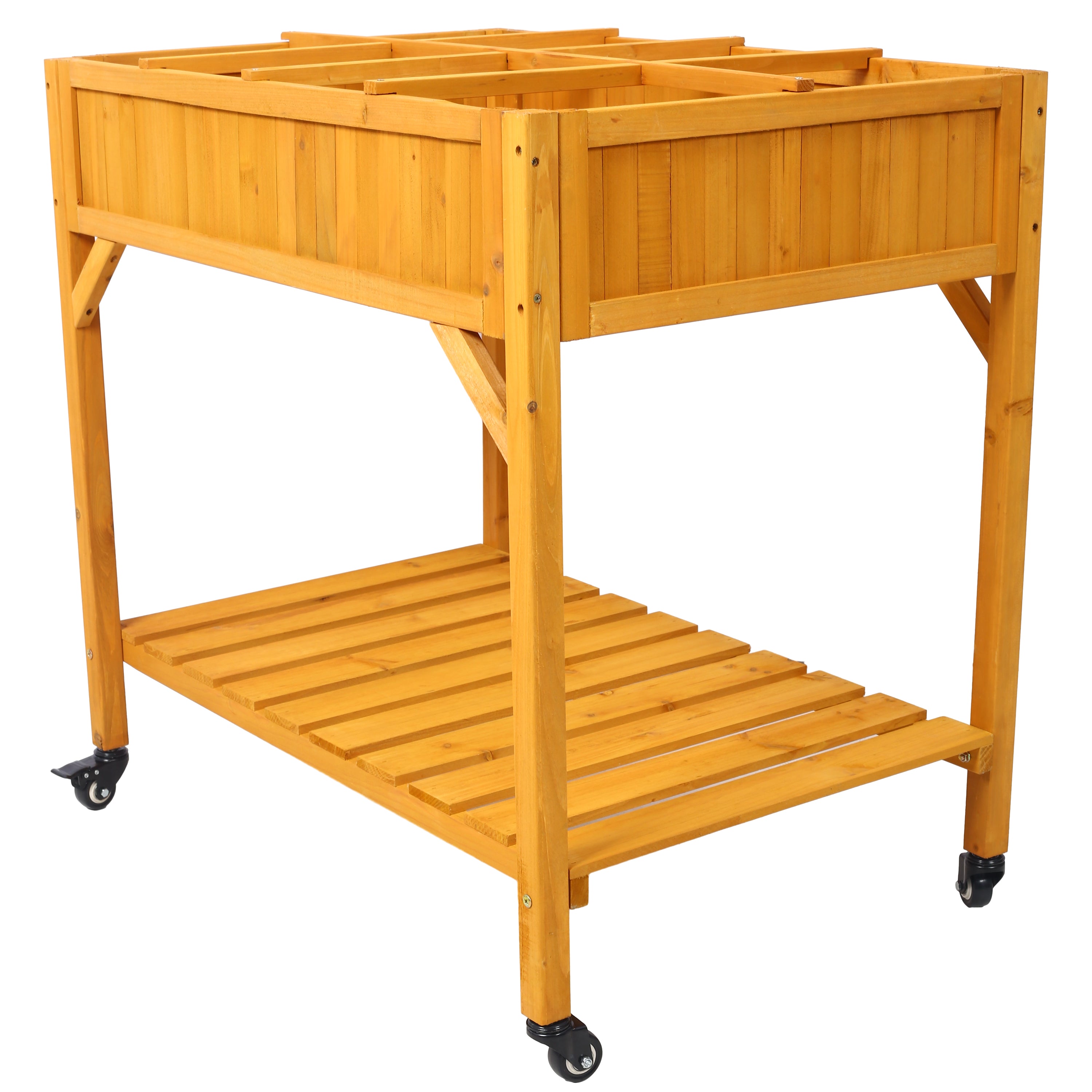 Elevated 8 Pocket Herb Garden Bed – Mobile Wood Planter with Lockable Wheels & Storage Shelf