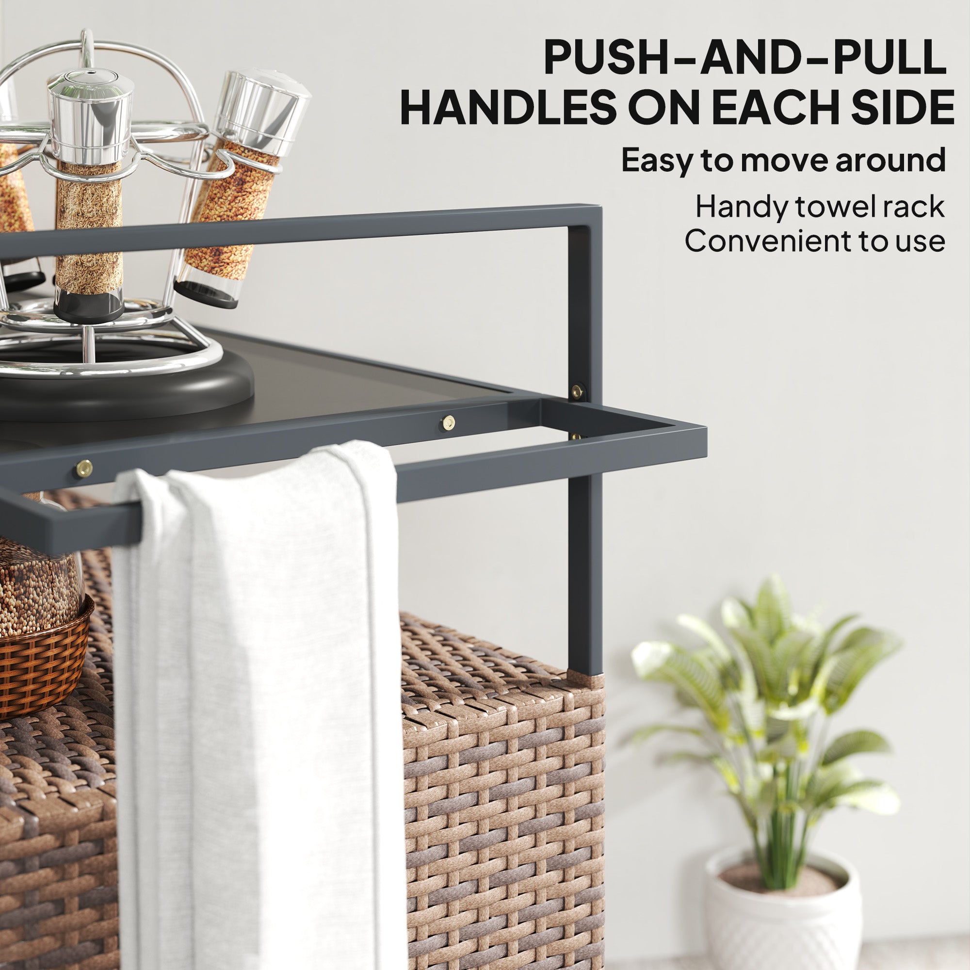Outsunny 2-Tier Shelf PE Rattan Outdoor Bar Table, Glass Top Outdoor Serving Cart with Cabinet, Mixed Brown