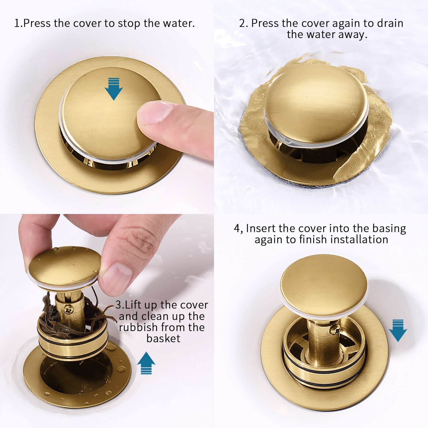 Brushed Gold Pop-Up Sink Drain with Strainer Basket – Anti-Clog, Tool-Free, for Bathroom Vanity