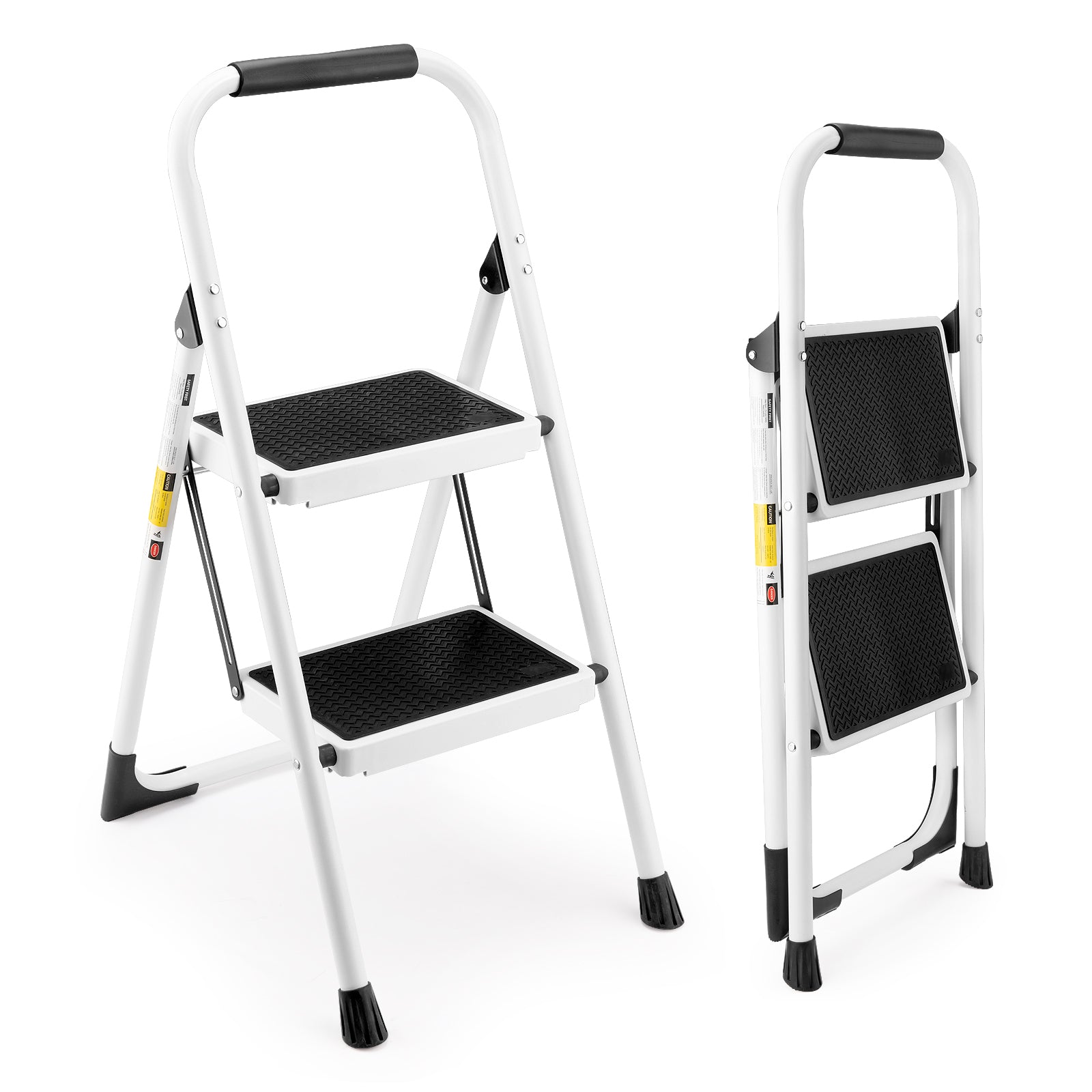 2‑Step Folding Step Stool with Handrails — 330 lb Capacity, Anti‑Slip Wide Pedals, White