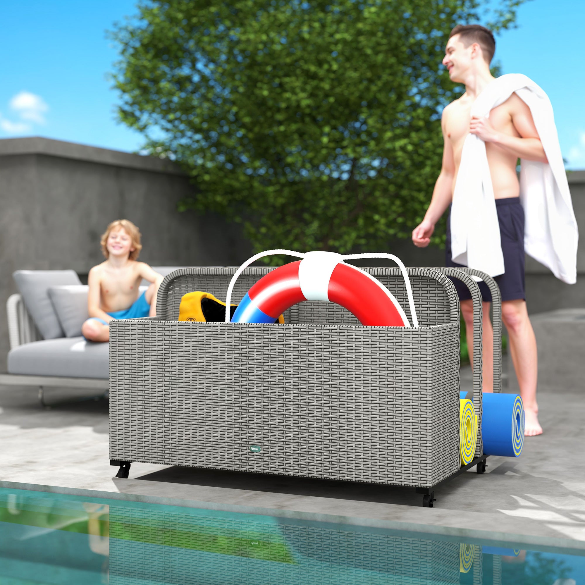 Outsunny Wicker Pool Float Storage Organizer, PE Rattan Outdoor Pool Float Holder with Rolling Wheels & Storage Rack, Mixed Gray