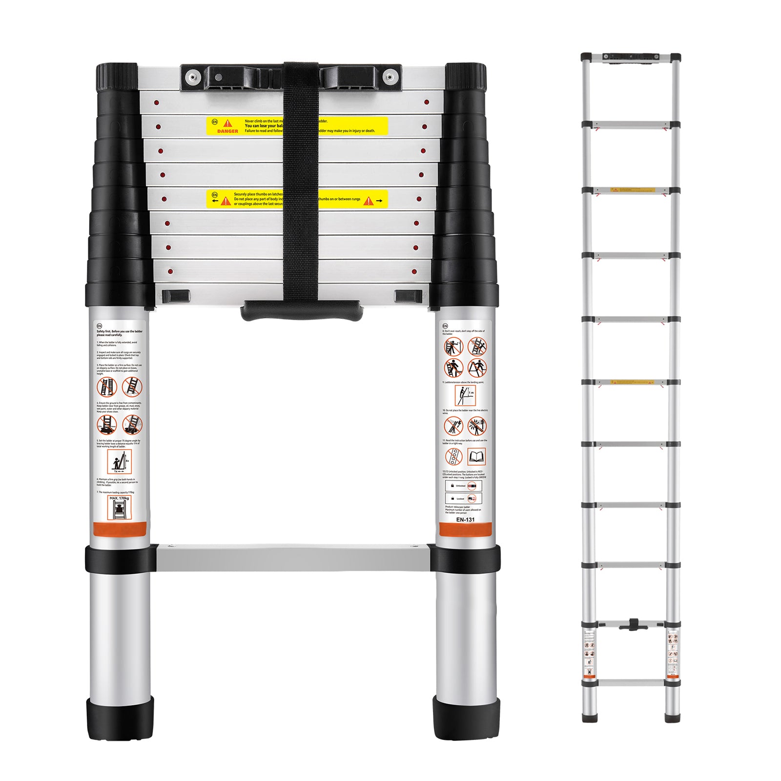 10.5FT Telescoping Aluminum Extension Ladder — 375 lb Capacity, One‑Button Retraction, Silver