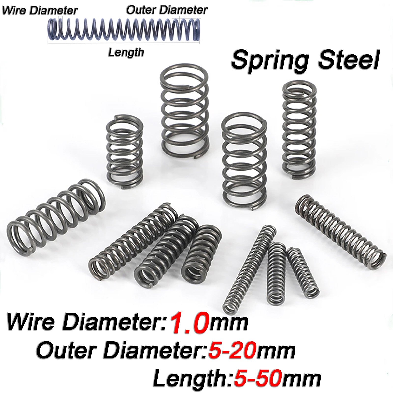 Compression Spring Steel 1.0mm Wire Dia 5mm - 20mm OD Small Pressure Springs