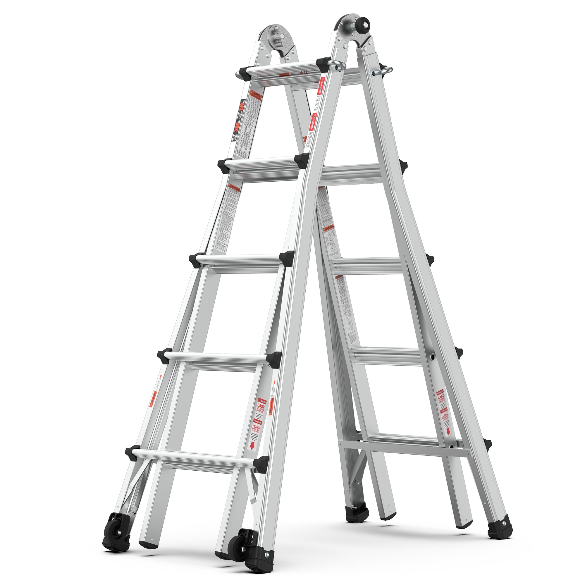 22 FT Aluminum Multi‑Position Ladder with Wheels — 300 lb Capacity, A‑Frame, Extension & More, Metallic Grey