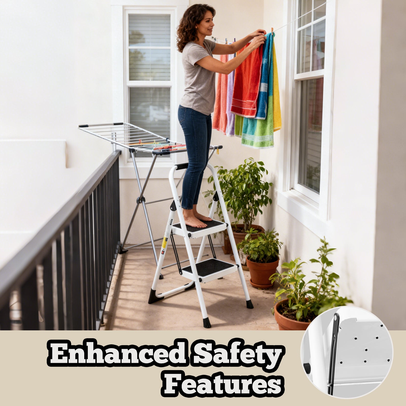 2‑Step Folding Step Stool with Handrails — 330 lb Capacity, Anti‑Slip Wide Pedals, White