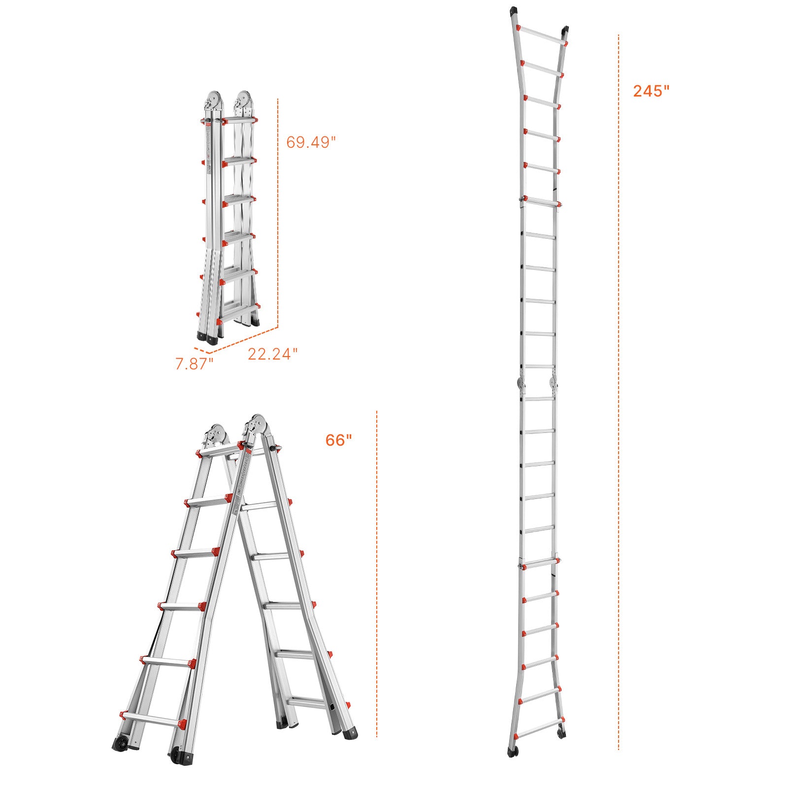 20.5FT Telescoping A‑Frame Aluminum Ladder — 330 lb Capacity, No Assembly, Dual Wheels, Silver