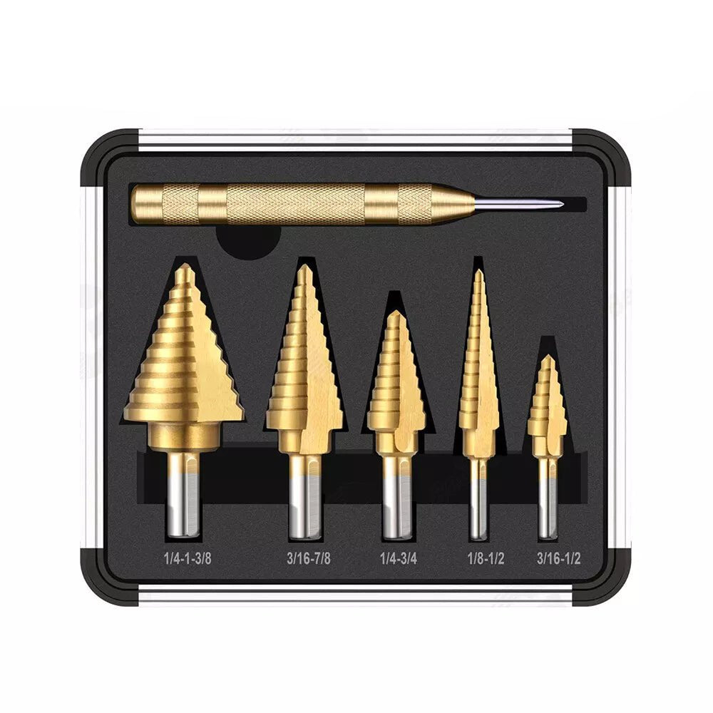 HSS 6PCS Titanium Step Drill Bit Set With Automatic Center Punch for Metal/Wood - HomeDIYer