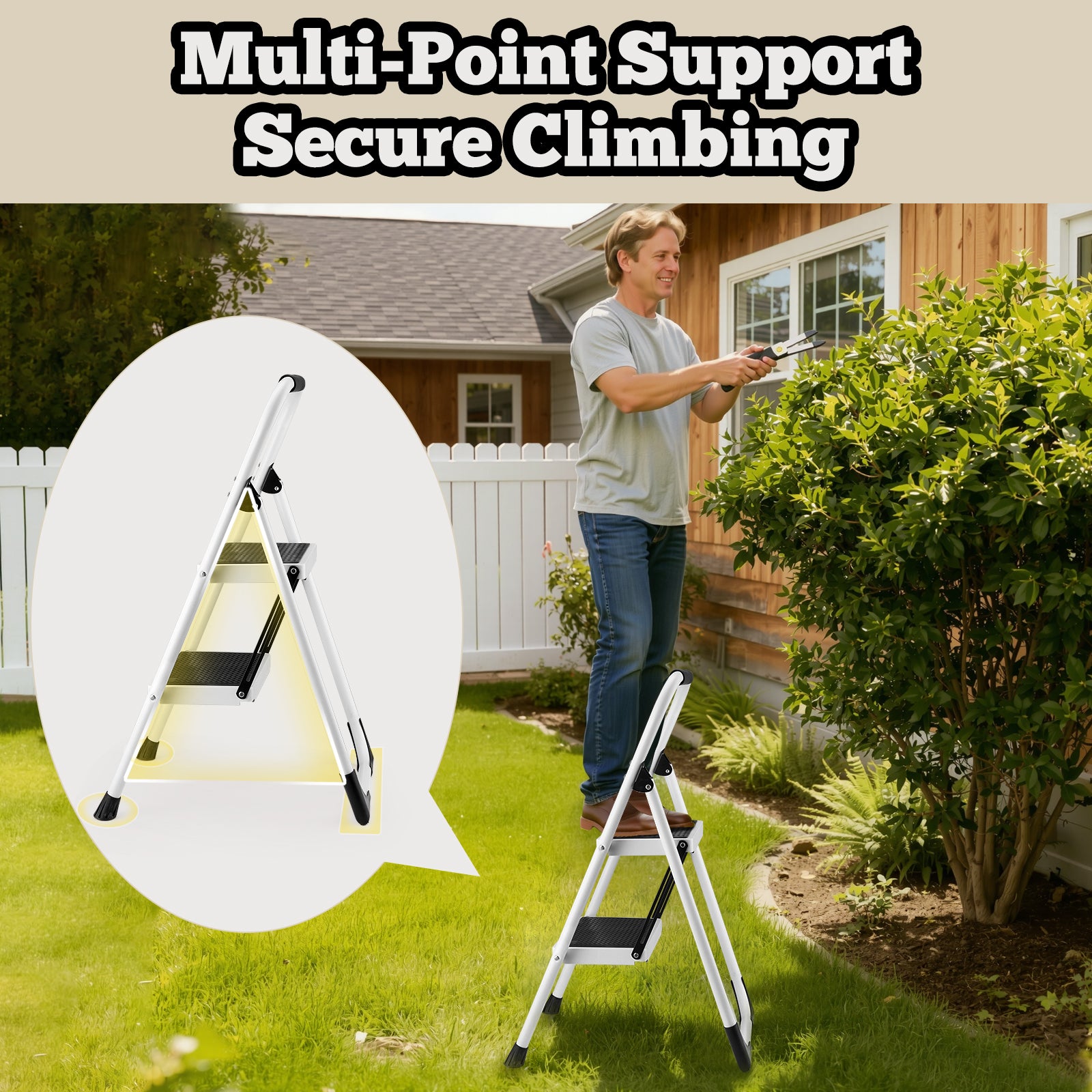 2‑Step Folding Step Stool with Handrails — 330 lb Capacity, Anti‑Slip Wide Pedals, White