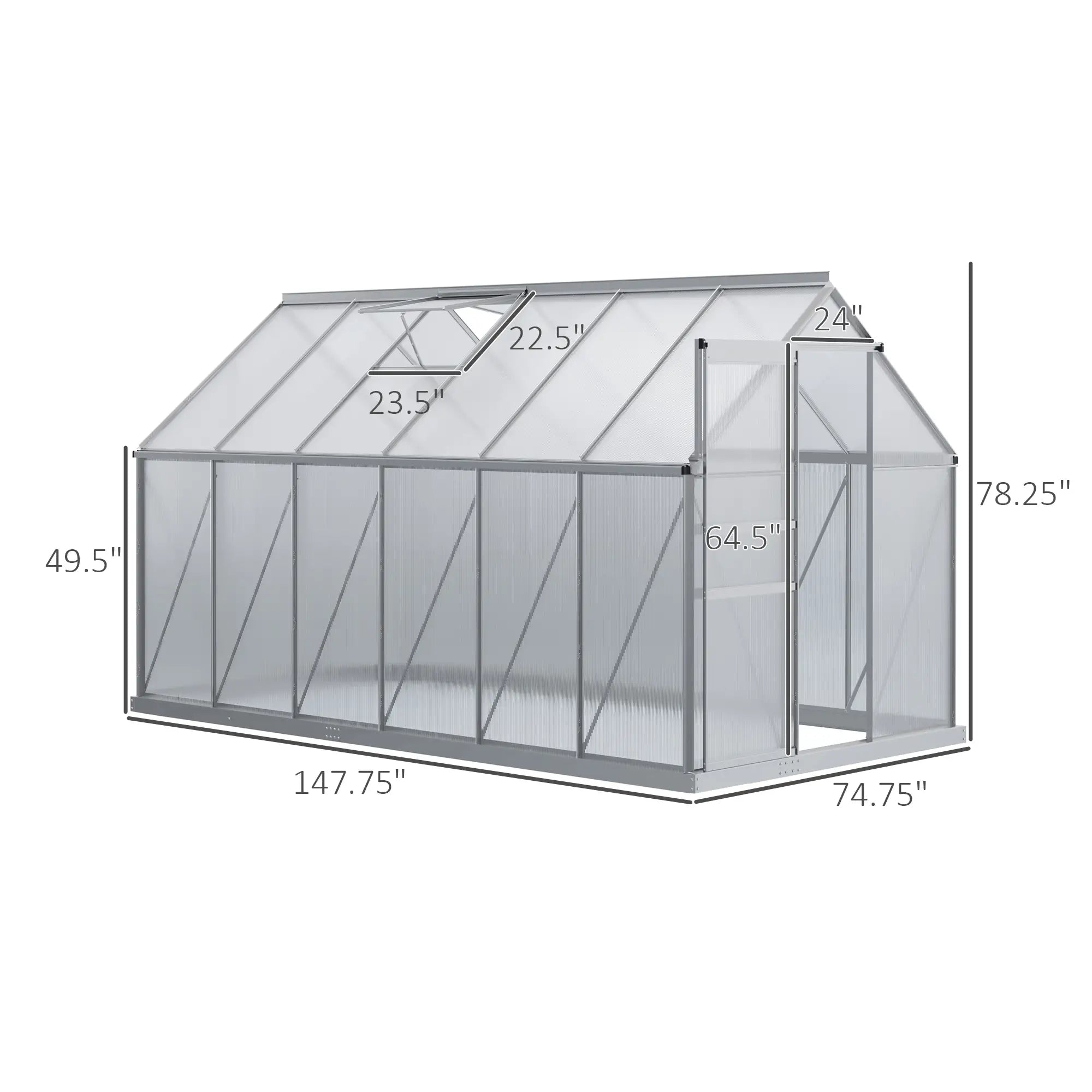 12.3ft x 6.2ft x 6.5ft Heavy‑Duty Aluminum Walk‑In Greenhouse — Polycarbonate Panels Sliding Door & Rooftop Vent Silver