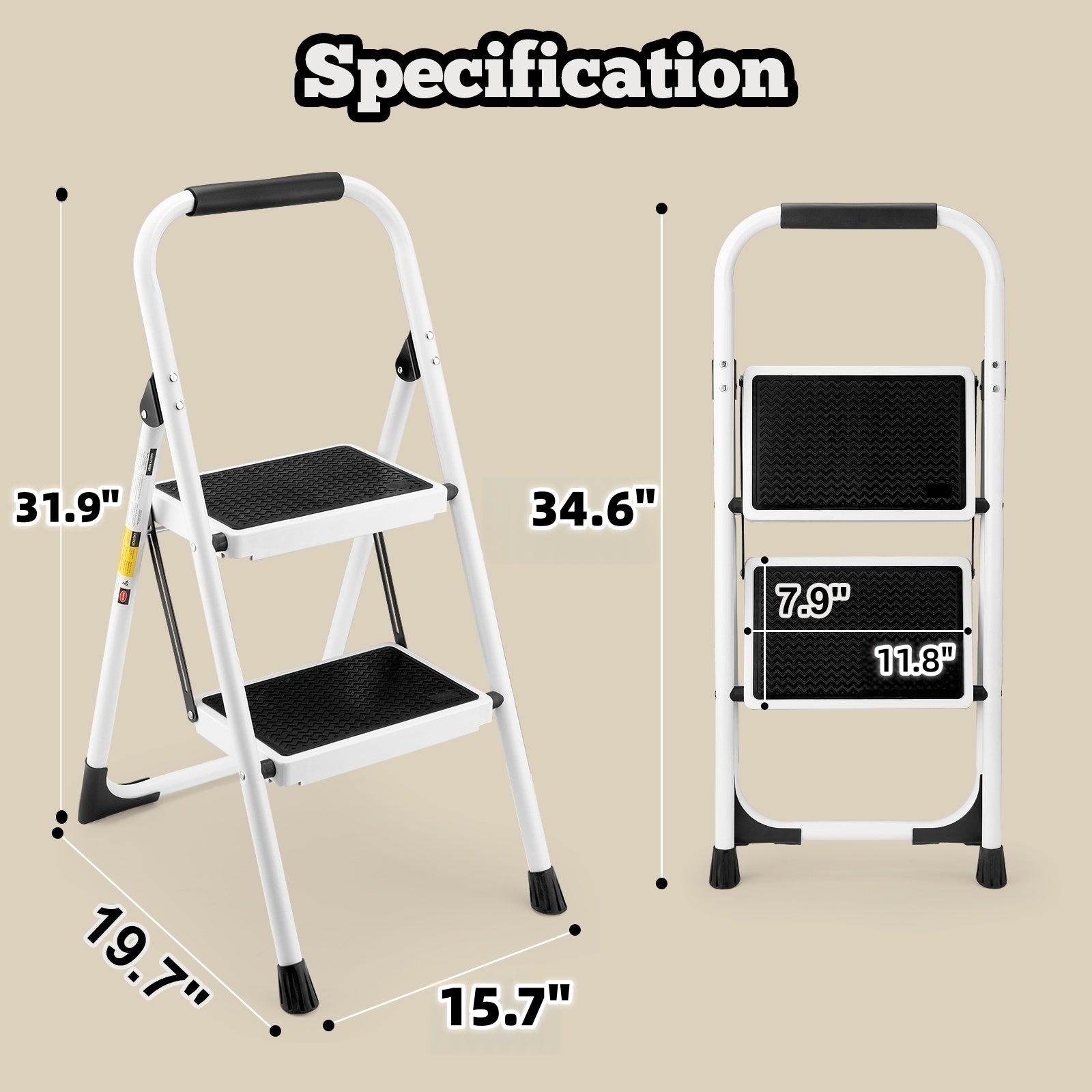 2‑Step Folding Step Stool with Handrails — 330 lb Capacity, Anti‑Slip Wide Pedals, White