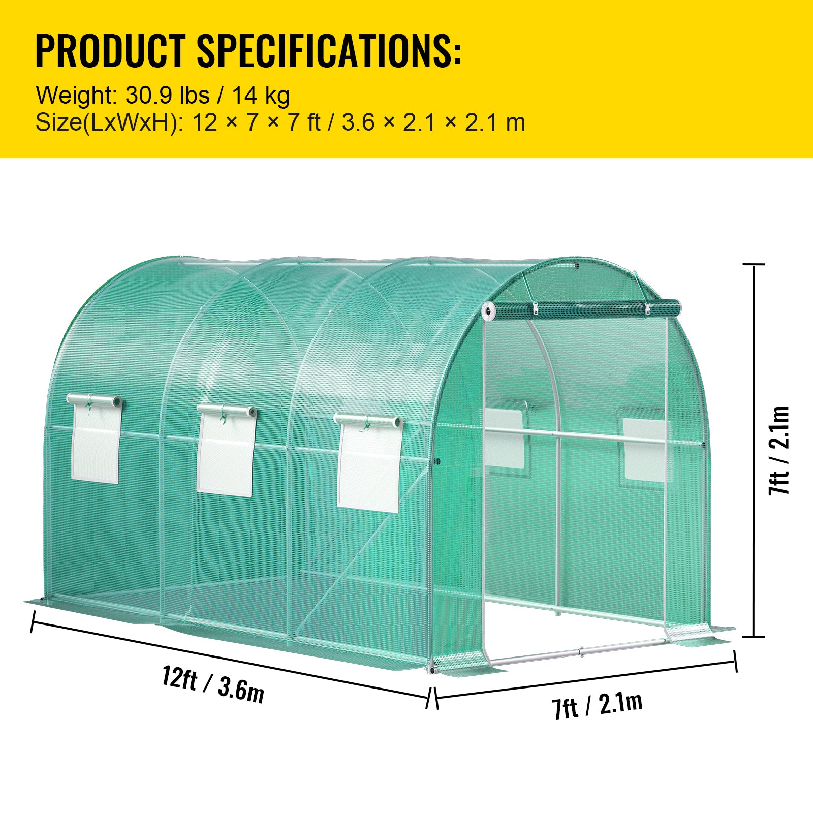 12ft x 7ft x 7ft Walk‑In Tunnel Greenhouse — Galvanized Steel Frame Roll‑Up Windows & Zippered Door Green