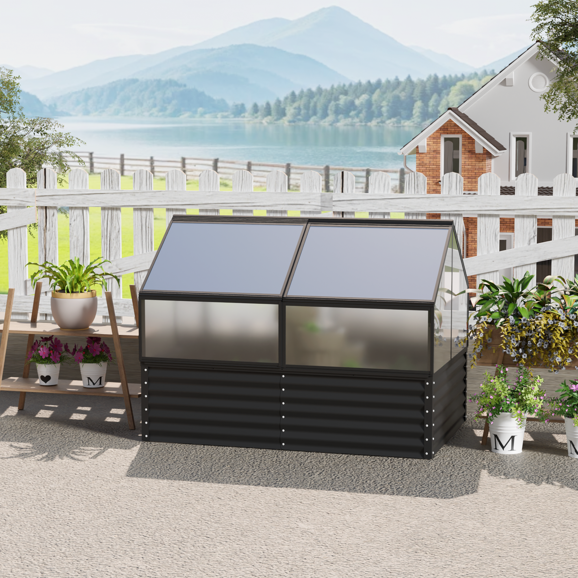 68.7" x 45" x 51.5" Greenhouse with Integrated Raised Flower Bed — 2‑in‑1 Outdoor Planter Box & Cold Frame Black