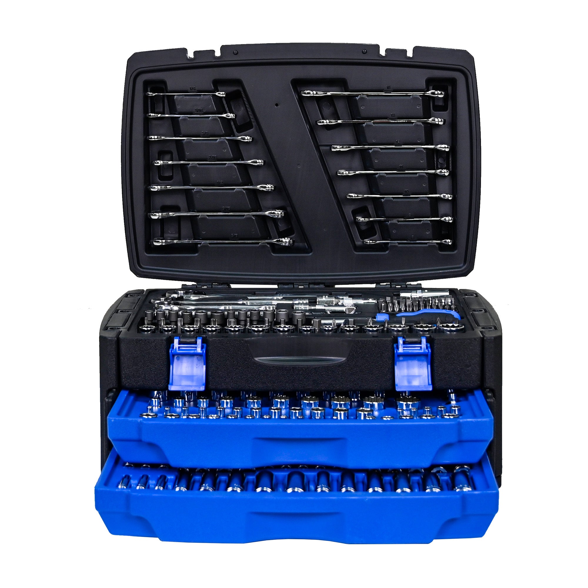 266‑Piece Black Tool Set with Lockable Case — Carbon Steel Home & Auto Repair Kit, Blue Accents