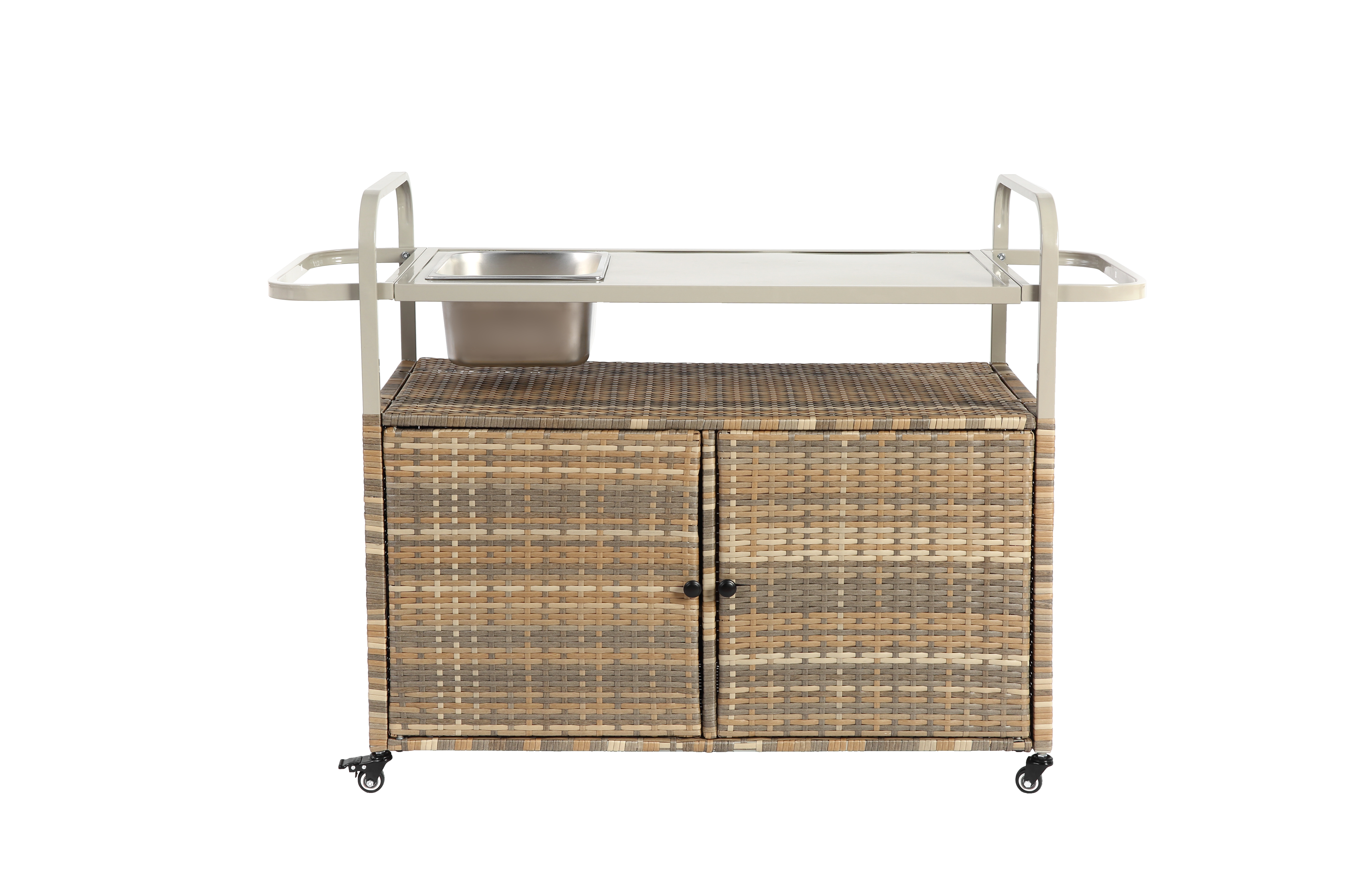 Outdoor Bar Table, Wicker Bar Cart with Cabinet, Patio Serving Cart with steel Top, with one ice bucket,Lockable Wheels, Side Basket for Garden, Poolside & Backyard, Beige