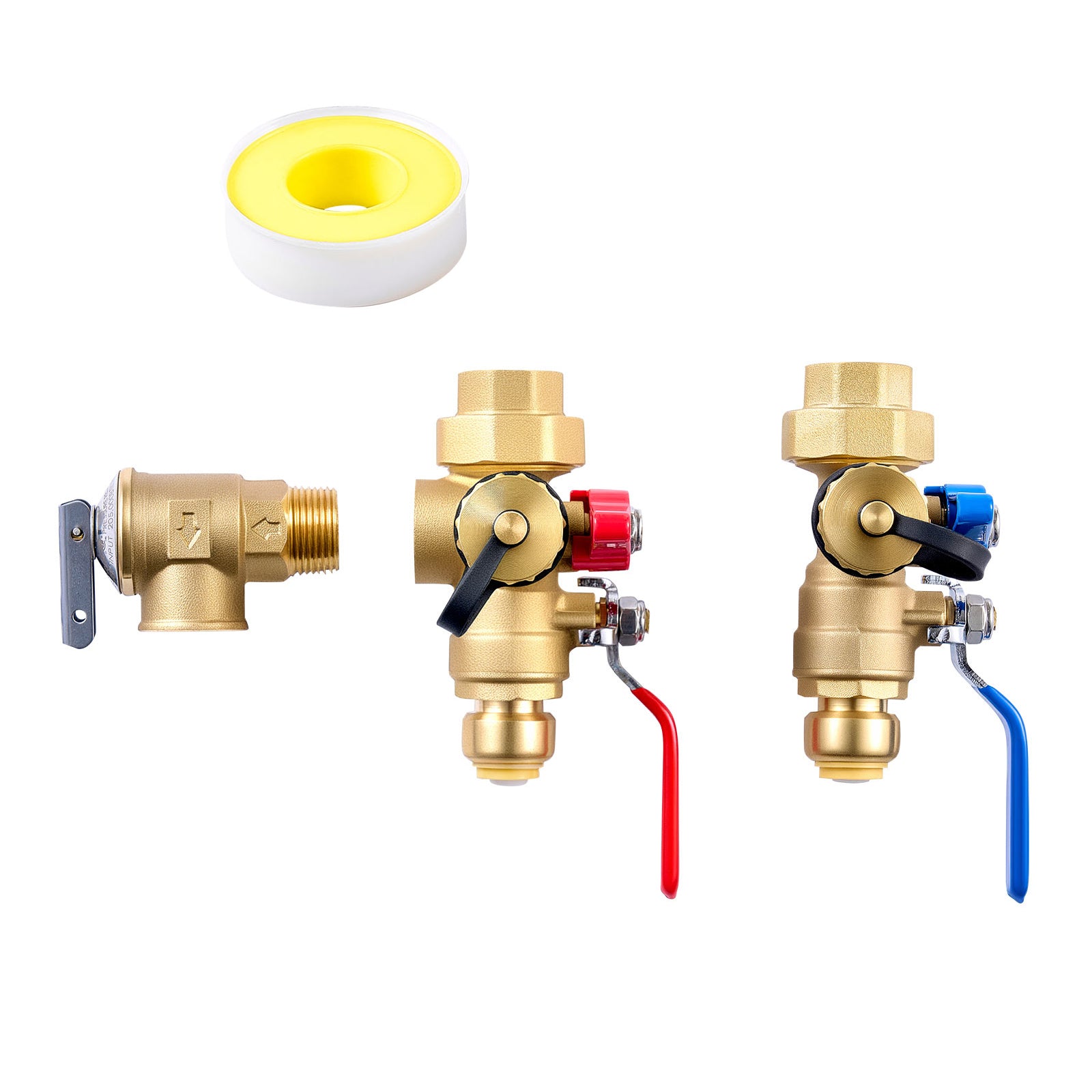 Tankless Water Heater Service Valve Kit – 3/4” NPT to PTC Isolation Valves + Pressure Relief, Lead-Free Brass