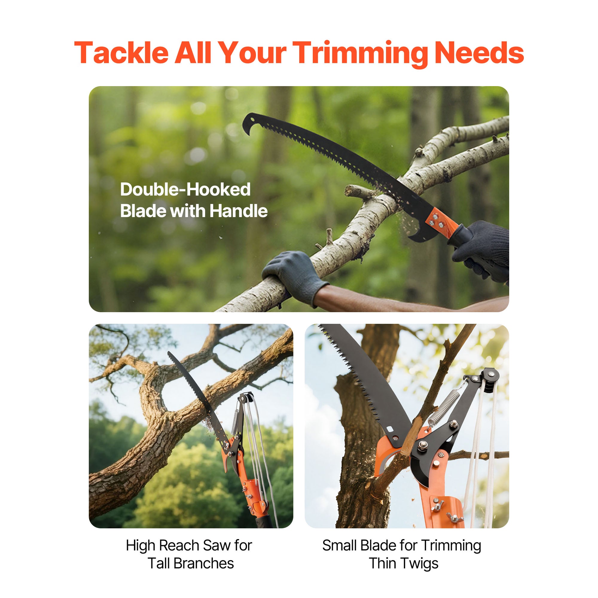 Manual Pole Saw – 4.46‑26.4 ft Extendable Tree Pruner with Scissors, 65Mn Steel Blades, Fiberglass Handle, for High Branch Trimming