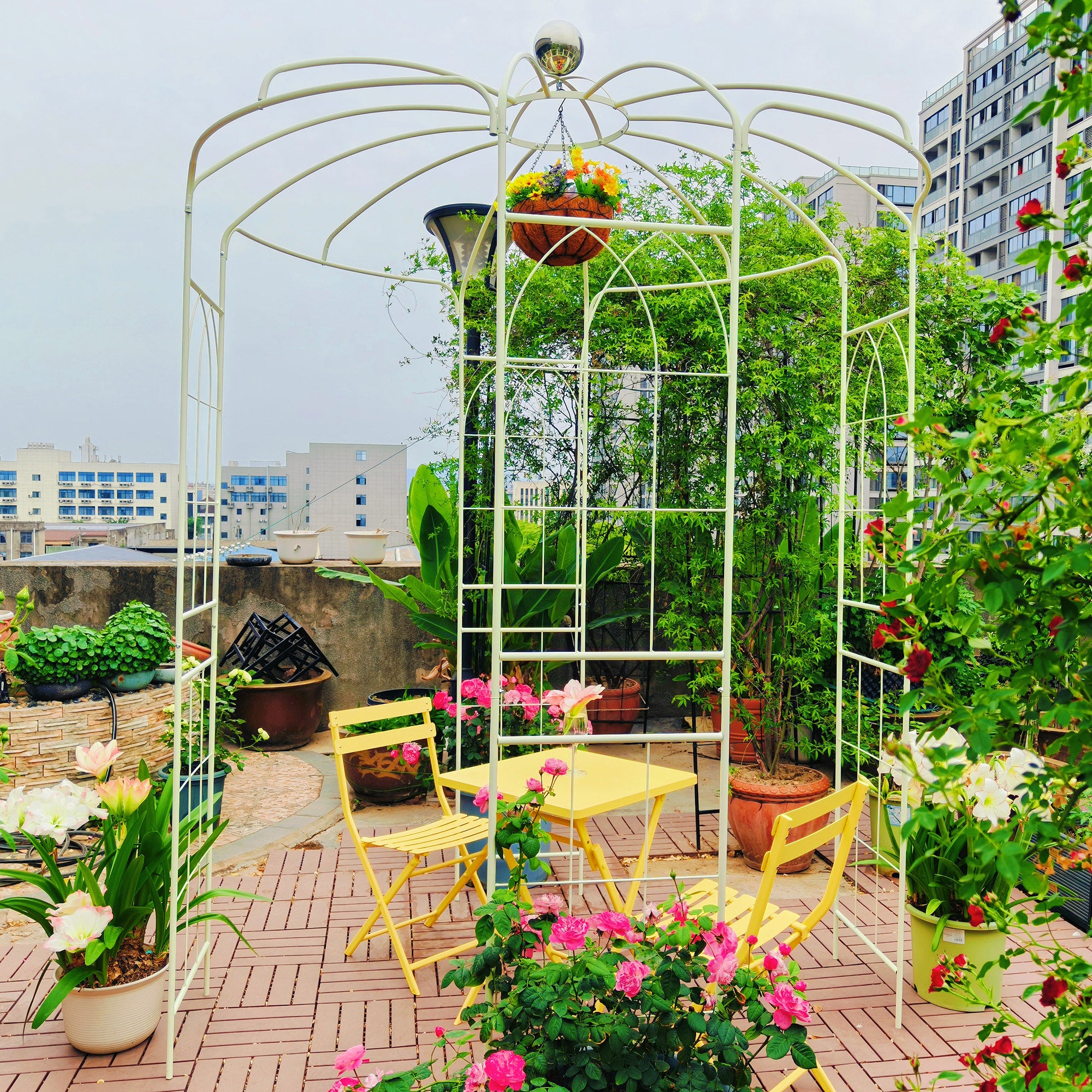 Metal Garden Arch Iron Garden Arbors Gazebo Dia 81.3'' x 114.2'' High Birdcage Shape Pergola Pavilion for Wedding Ceremony Cream White