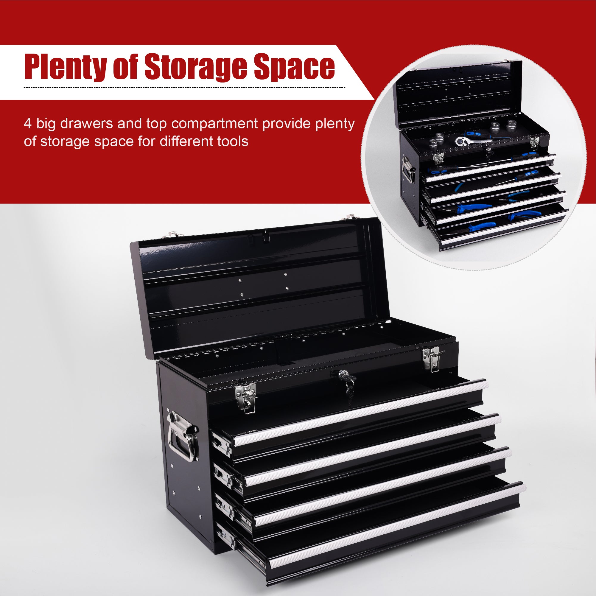 21" Heavy Duty Black Metal Tool Box with 4 Ball-Bearing Drawers